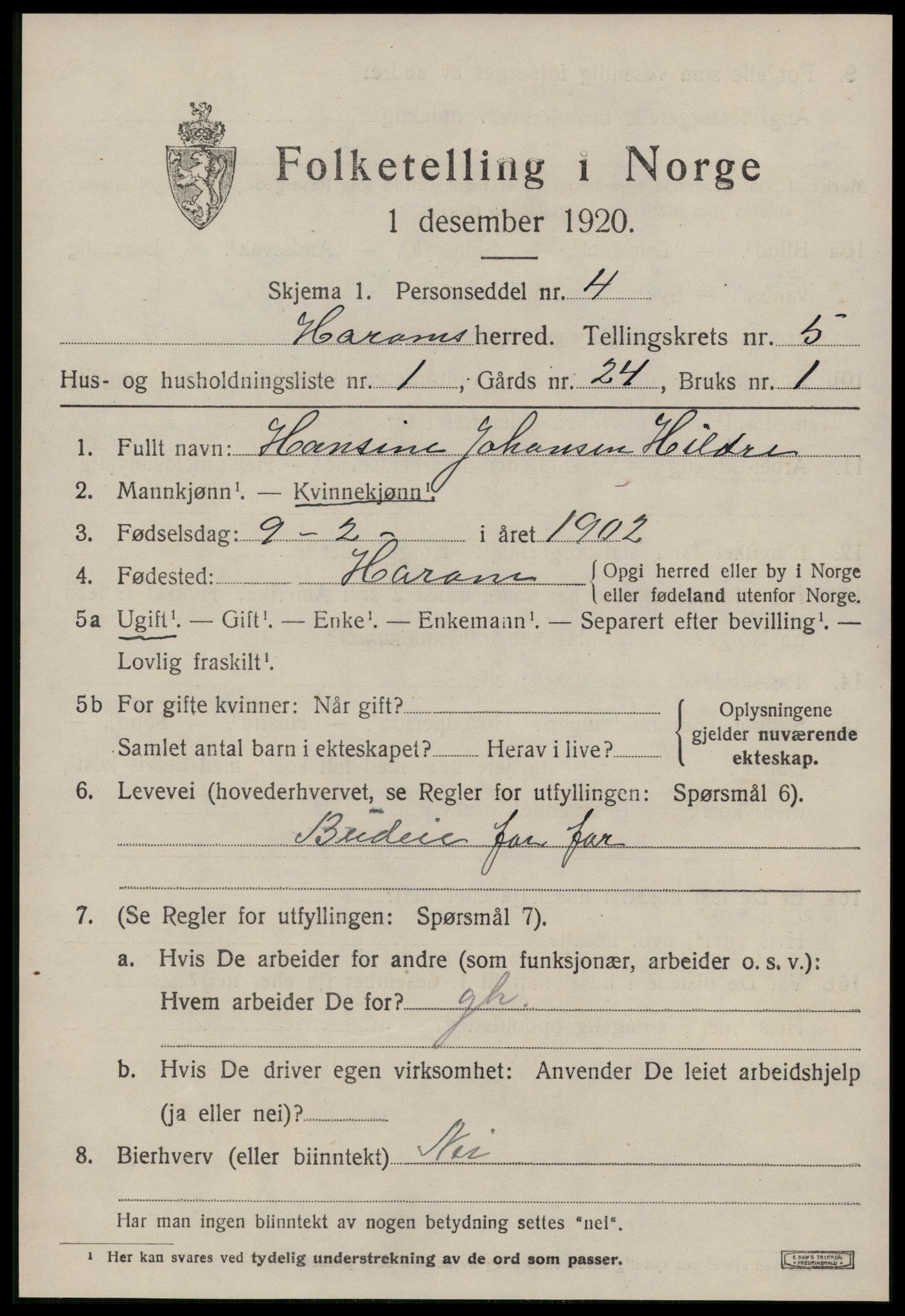 SAT, 1920 census for Haram, 1920, p. 2801