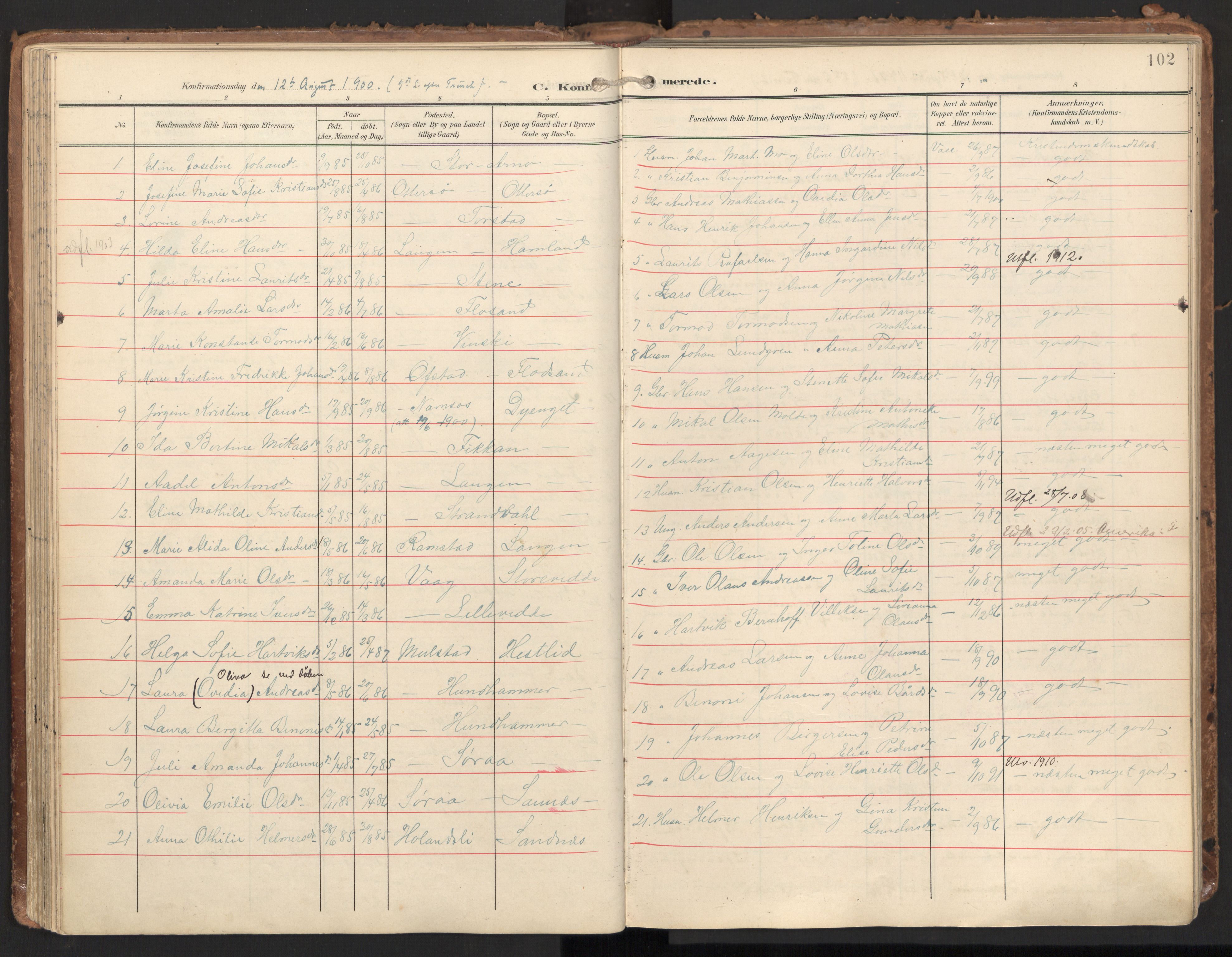 Ministerialprotokoller, klokkerbøker og fødselsregistre - Nord-Trøndelag, AV/SAT-A-1458/784/L0677: Parish register (official) no. 784A12, 1900-1920, p. 102