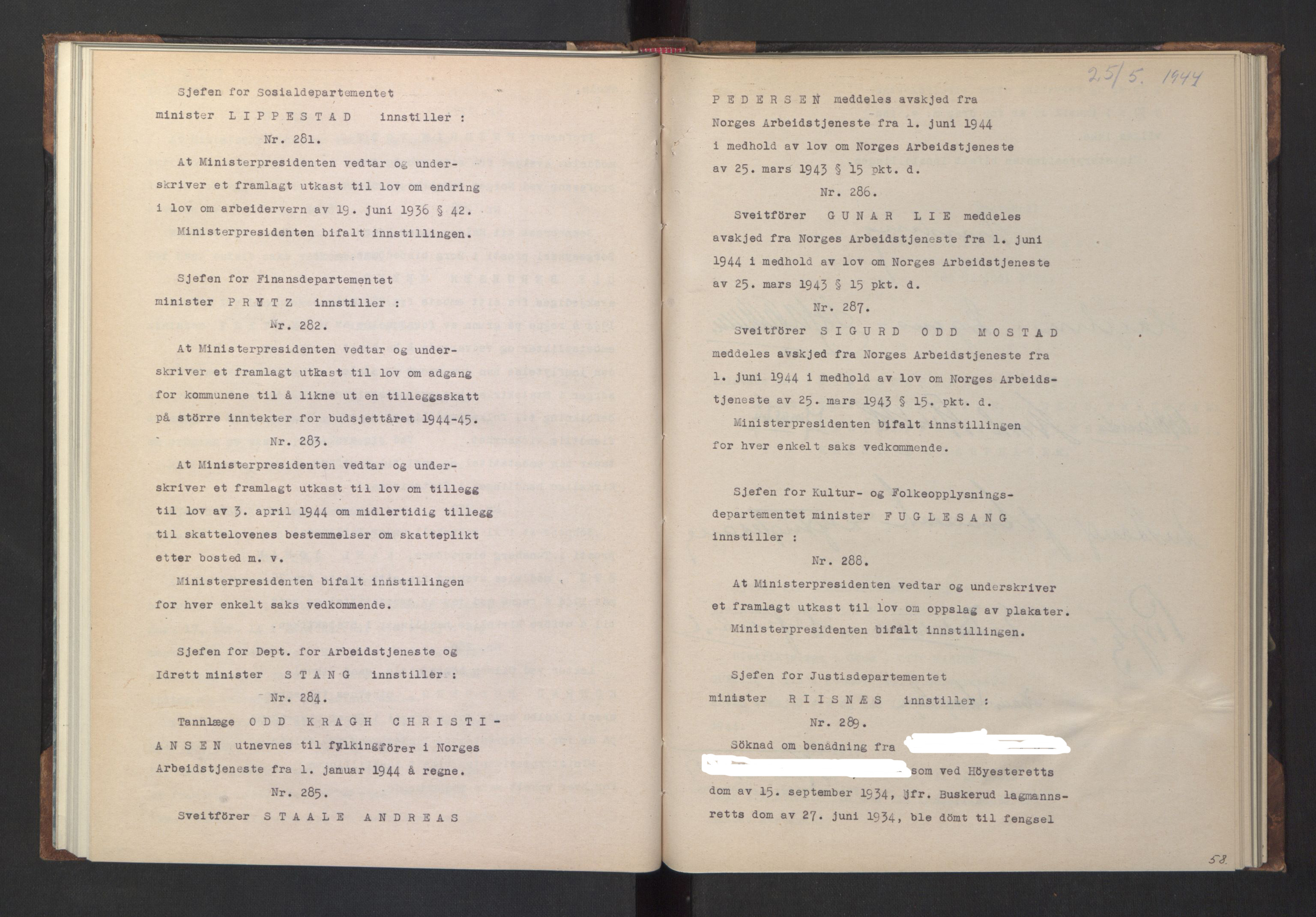 NS-administrasjonen 1940-1945 (Statsrådsekretariatet, de kommisariske statsråder mm), RA/S-4279/D/Da/L0005: Protokoll fra ministermøter, 1944, p. 60