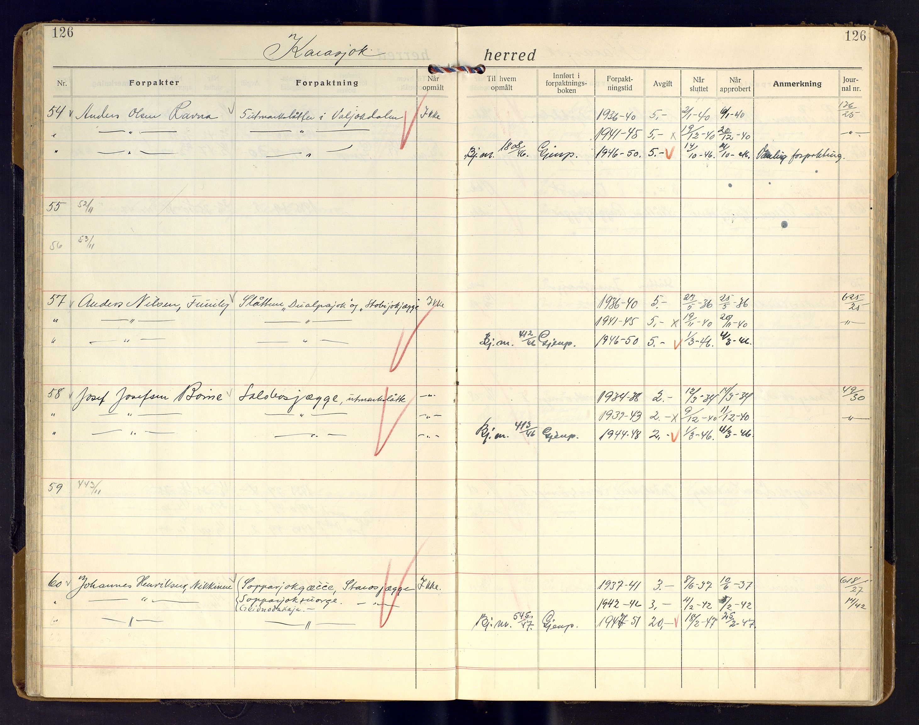 Finnmark jordsalgskommisjon/jordsalgskontor og Statskog SF Finnmark jordsalgskontor, AV/SATØ-S-1443/J/Ja/L0011: Forpaktningsbok for Finnmark II, 1921-1948, p. 126