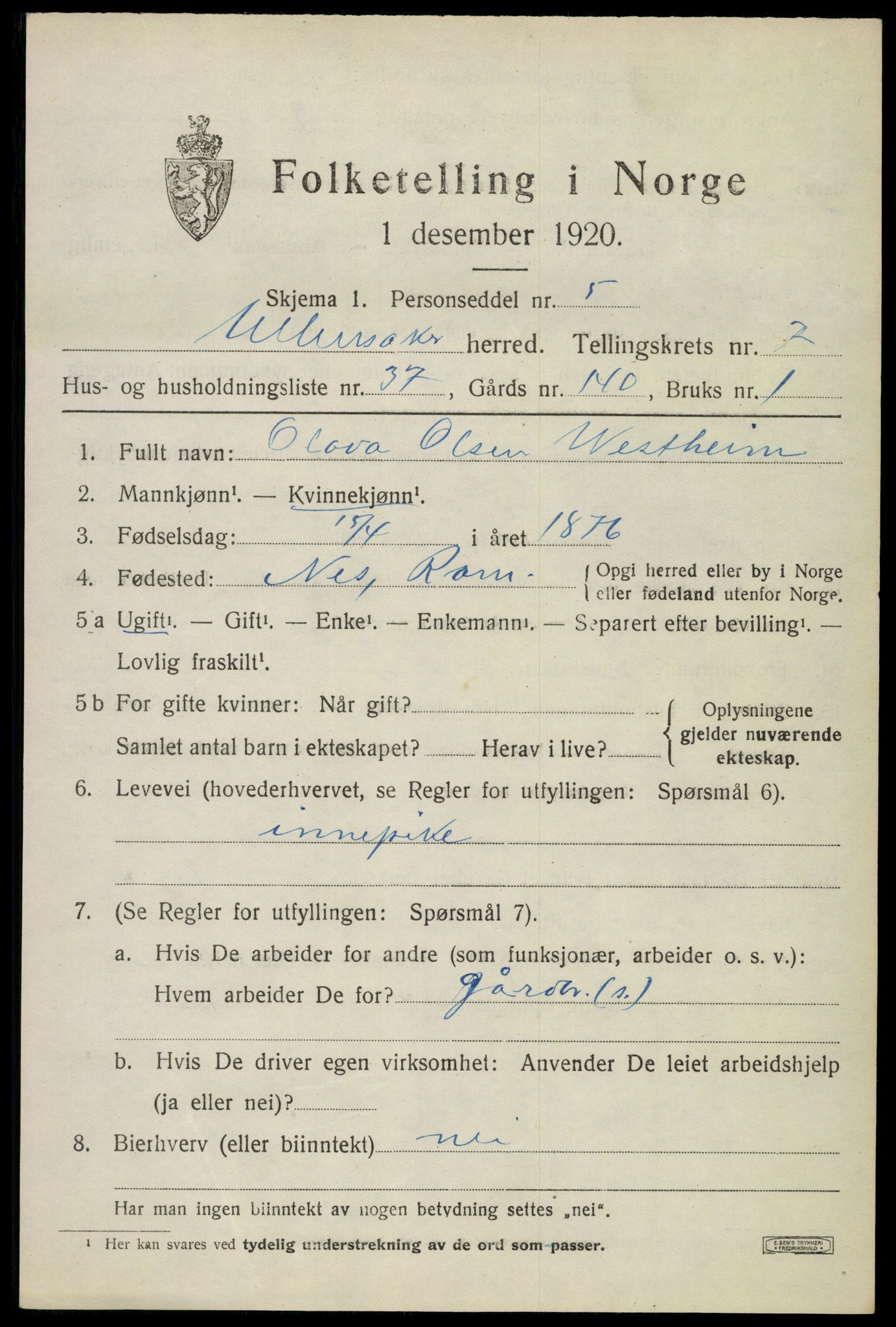 SAO, 1920 census for Ullensaker, 1920, p. 13399