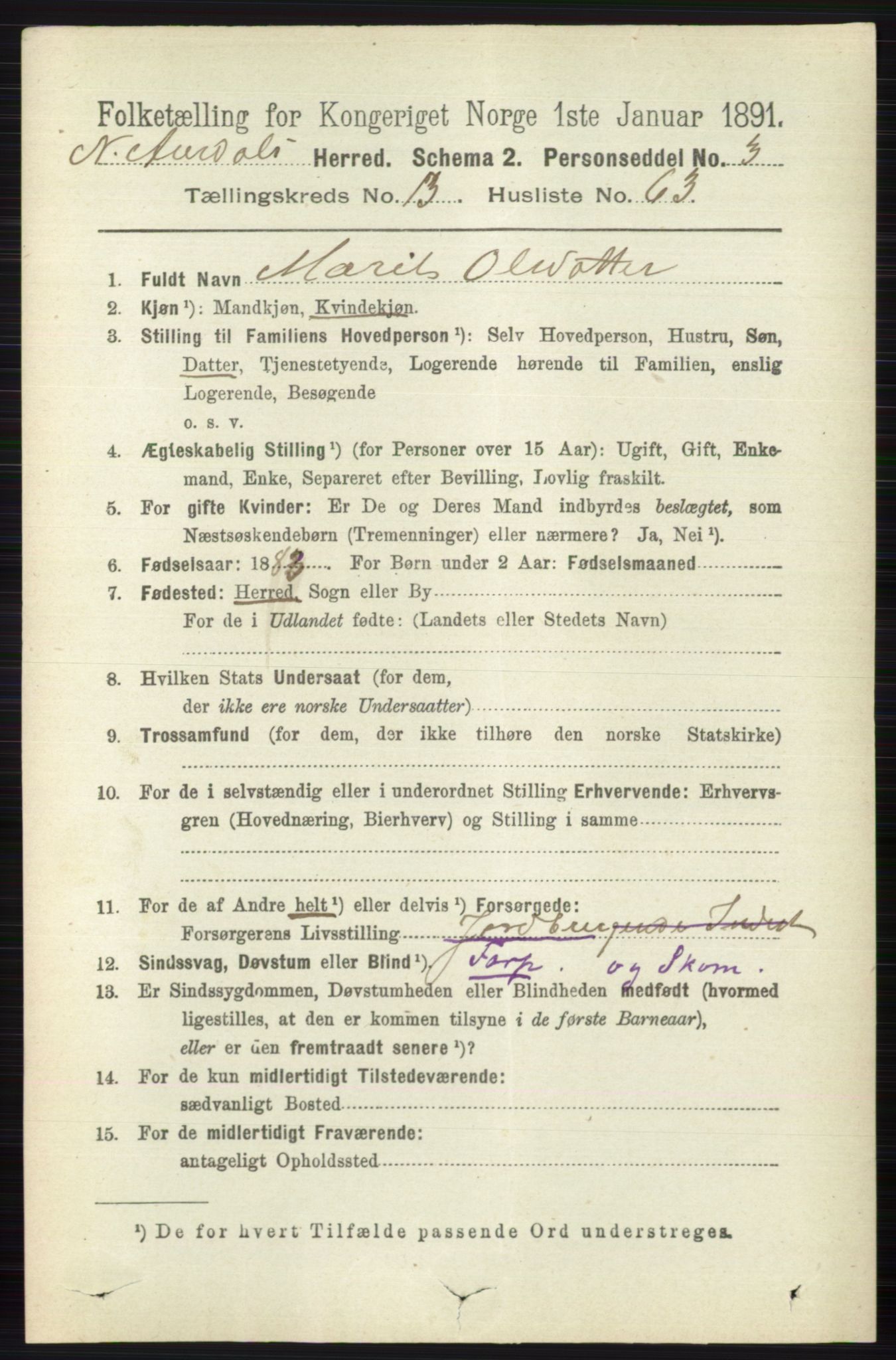 RA, 1891 census for 0542 Nord-Aurdal, 1891, p. 5131