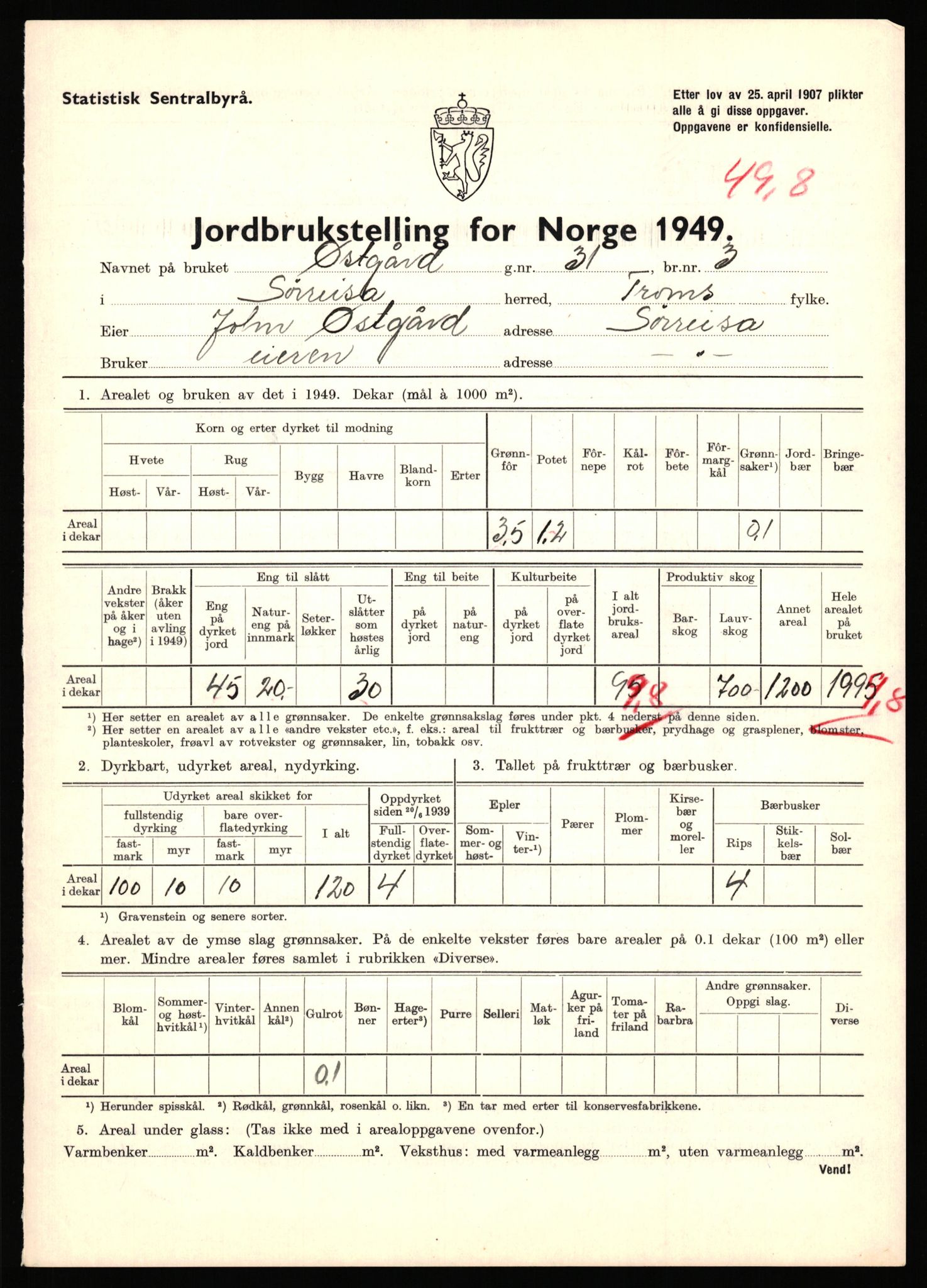 Statistisk sentralbyrå, Næringsøkonomiske emner, Jordbruk, skogbruk, jakt, fiske og fangst, AV/RA-S-2234/G/Gc/L0440: Troms: Sørreisa og Dyrøy, 1949, p. 841