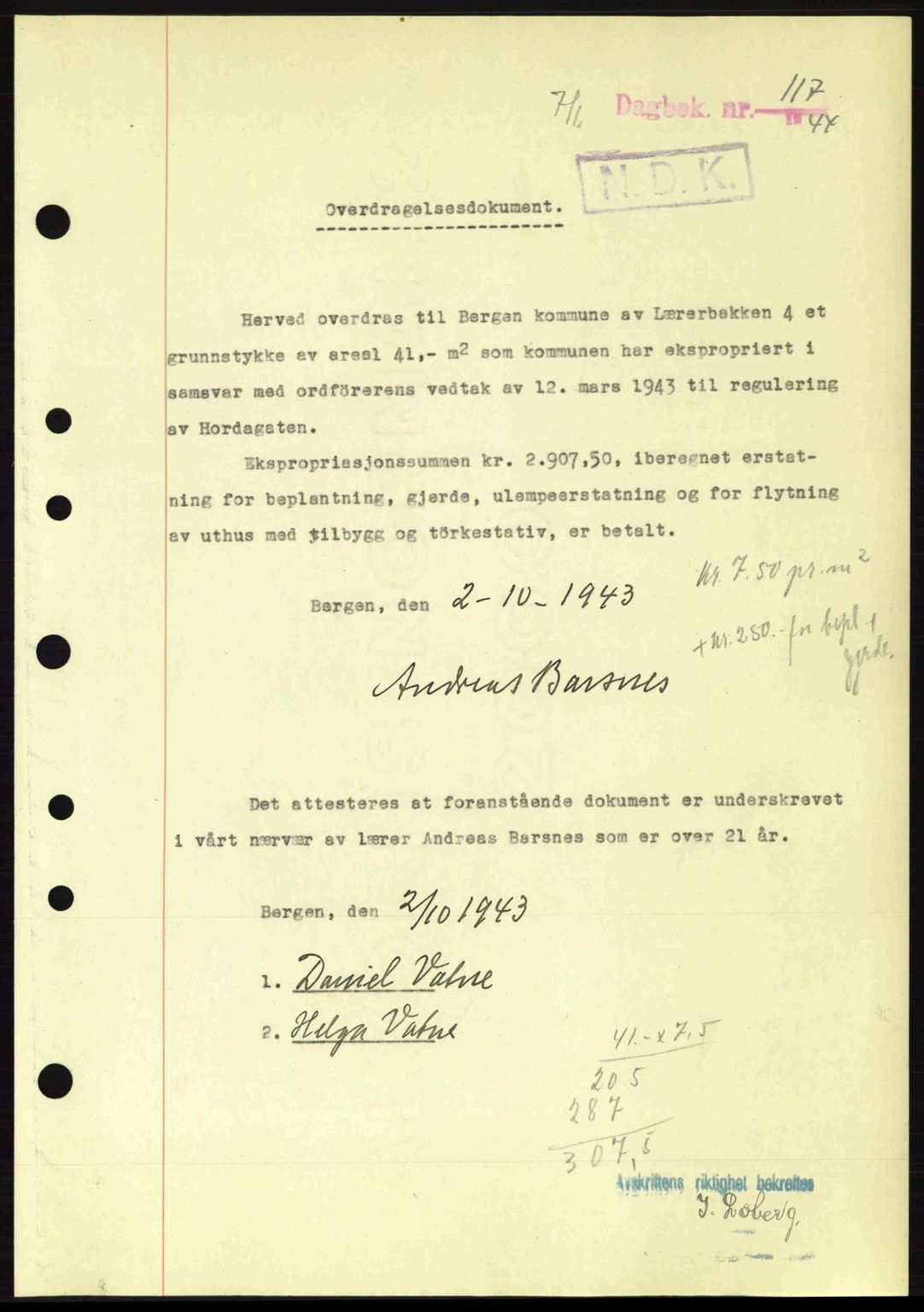 Byfogd og Byskriver i Bergen, AV/SAB-A-3401/03/03Bc/L0019: Mortgage book no. A16, 1944-1944, Diary no: : 117/1944