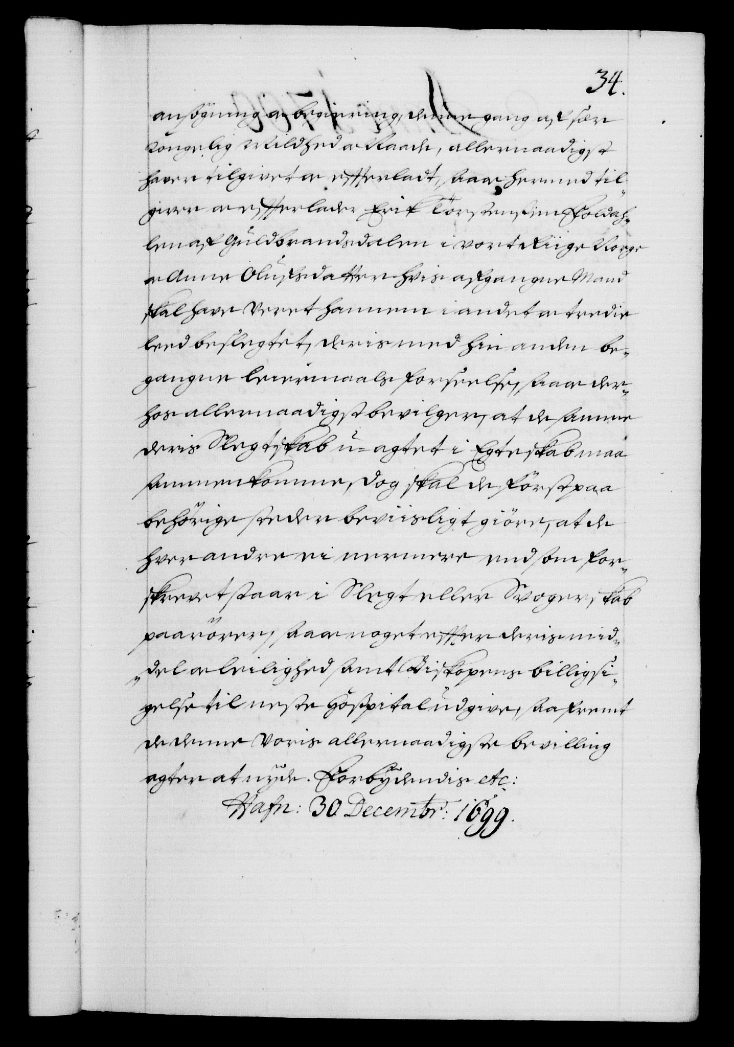 Danske Kanselli 1572-1799, AV/RA-EA-3023/F/Fc/Fca/Fcaa/L0018: Norske registre, 1699-1703, p. 34a