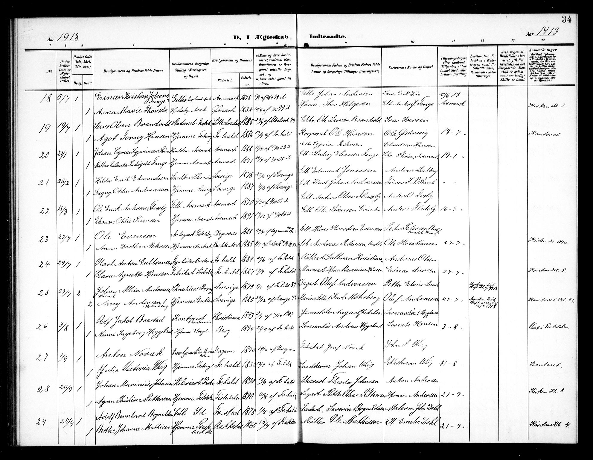 Halden prestekontor Kirkebøker, AV/SAO-A-10909/G/Ga/L0011: Parish register (copy) no. 11, 1906-1934, p. 34
