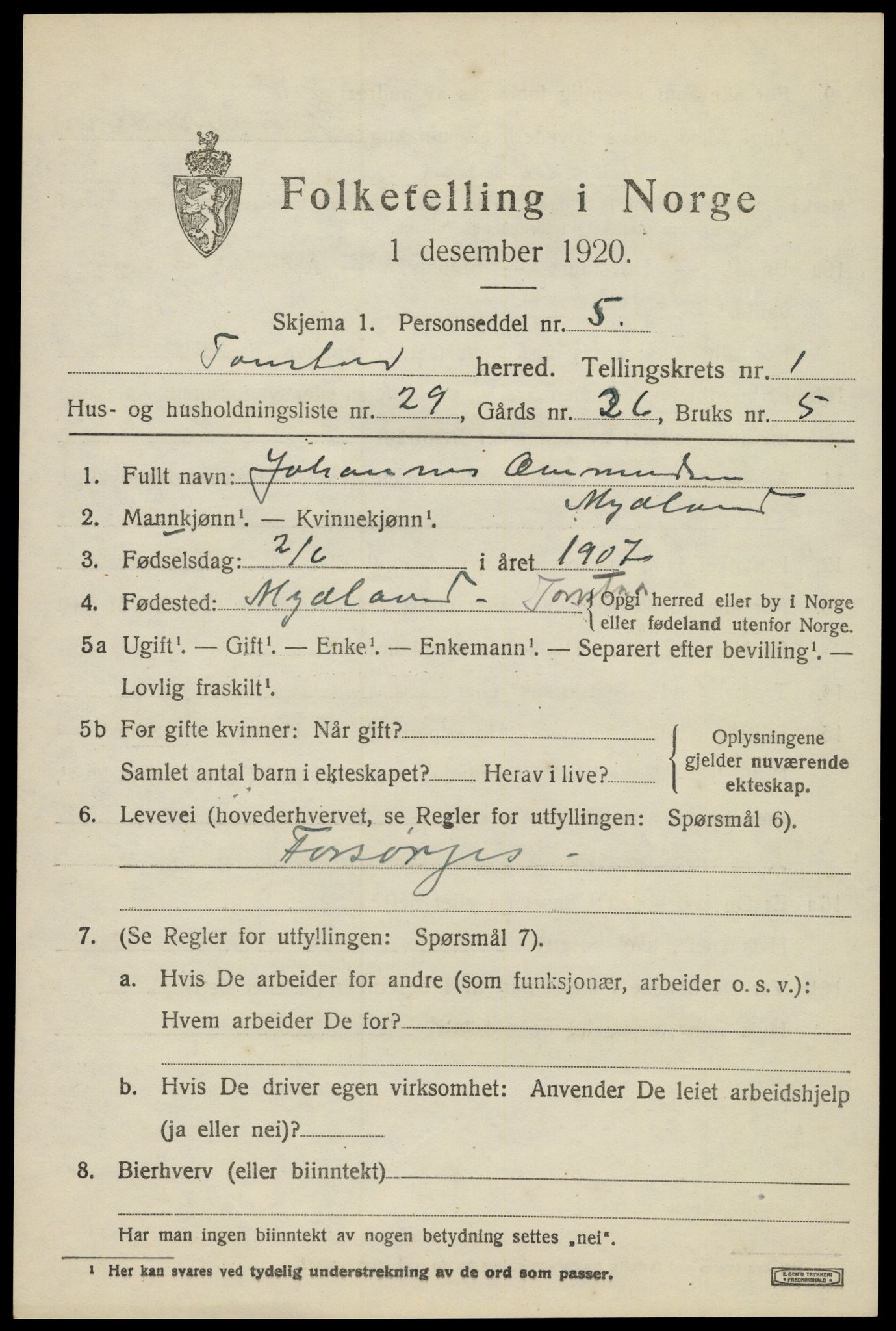 SAK, 1920 census for Tonstad, 1920, p. 716