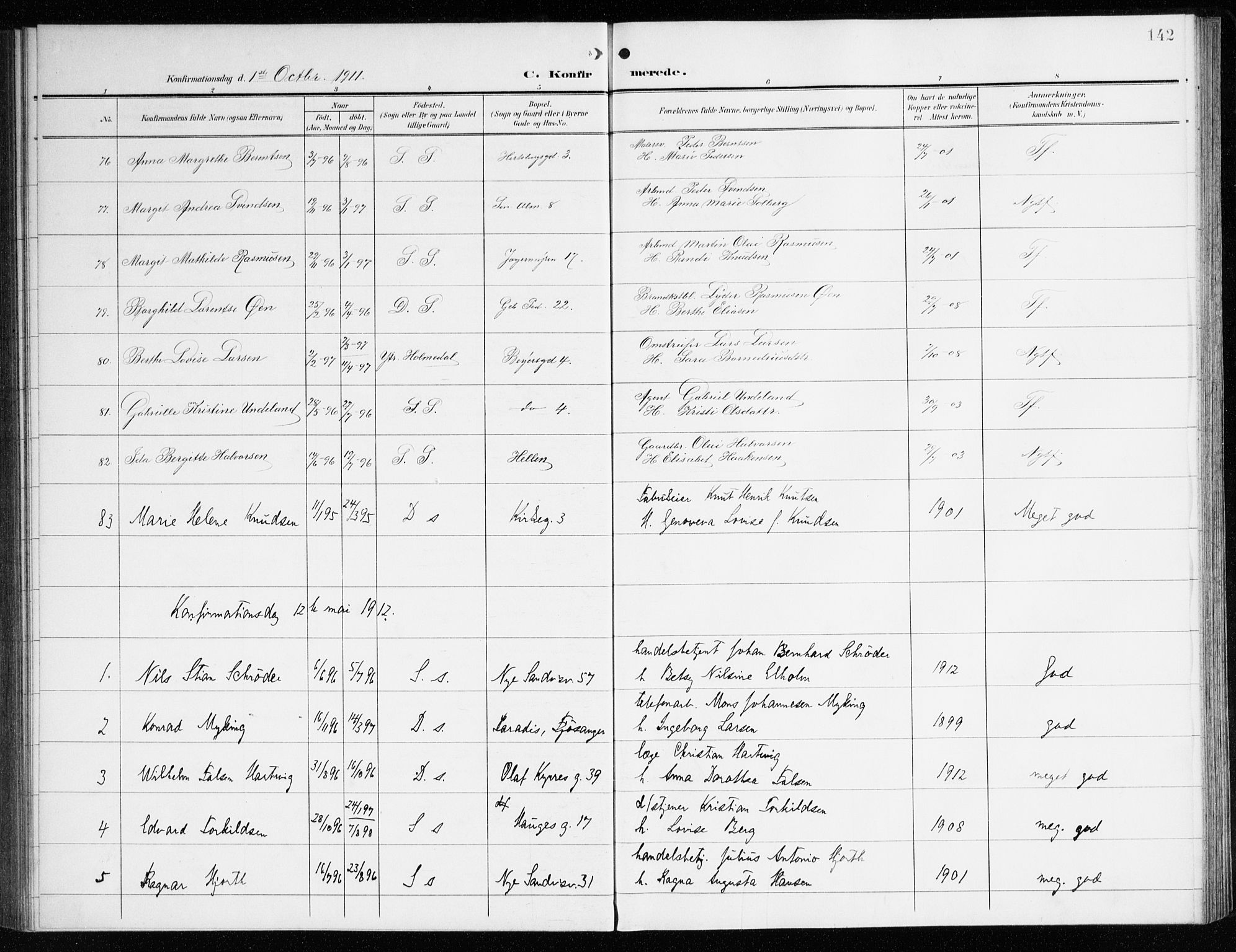 Sandviken Sokneprestembete, SAB/A-77601/H/Ha/L0011: Parish register (official) no. C 2, 1905-1918, p. 142