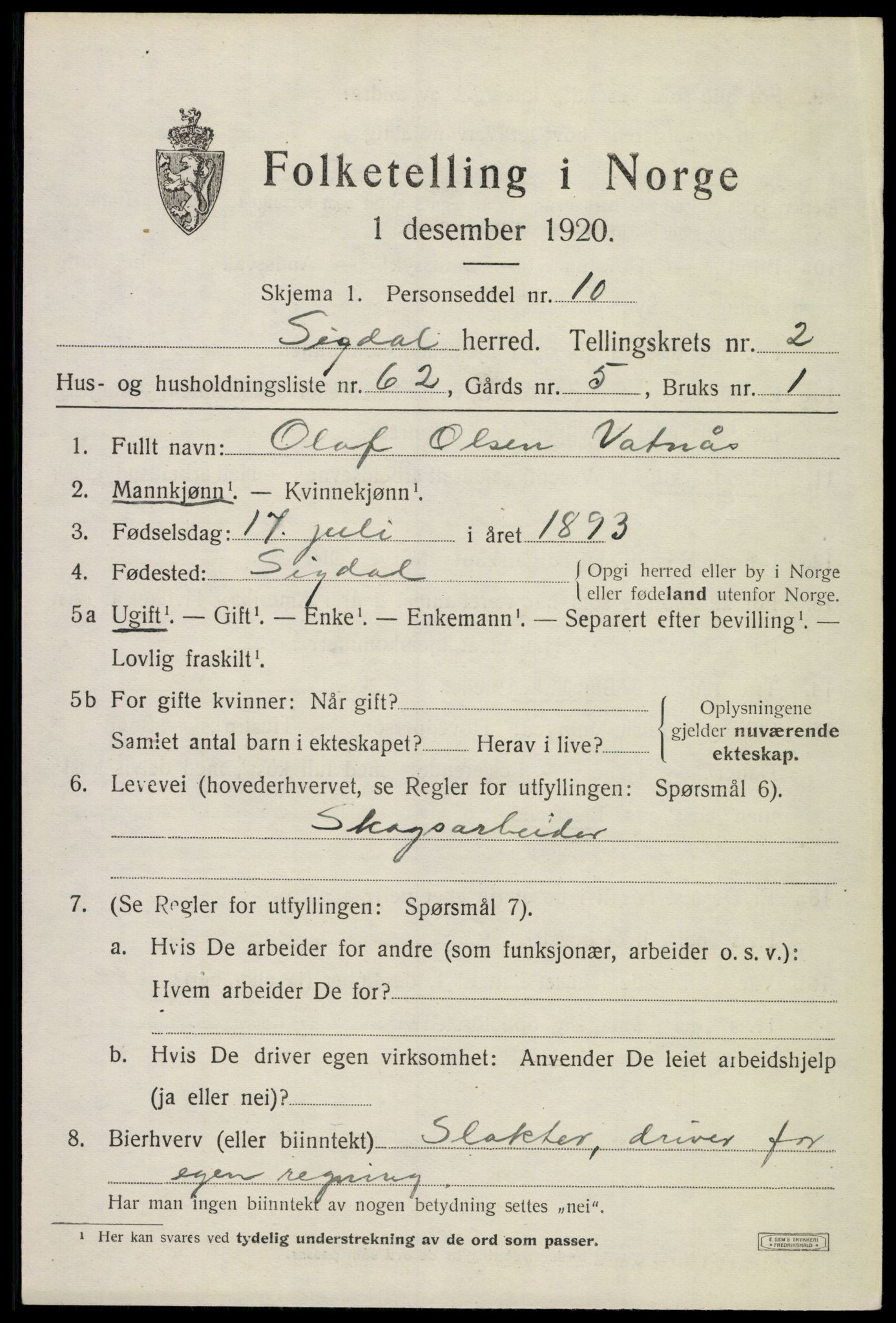 SAKO, 1920 census for Sigdal, 1920, p. 2726