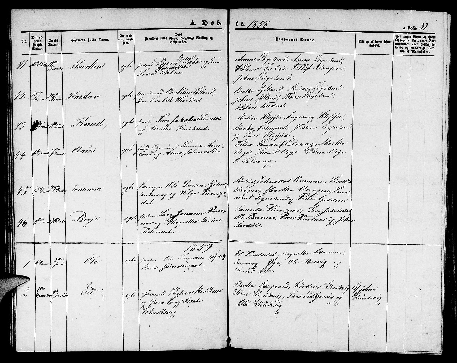 Hjelmeland sokneprestkontor, AV/SAST-A-101843/01/V/L0004: Parish register (copy) no. B 4, 1853-1883, p. 39