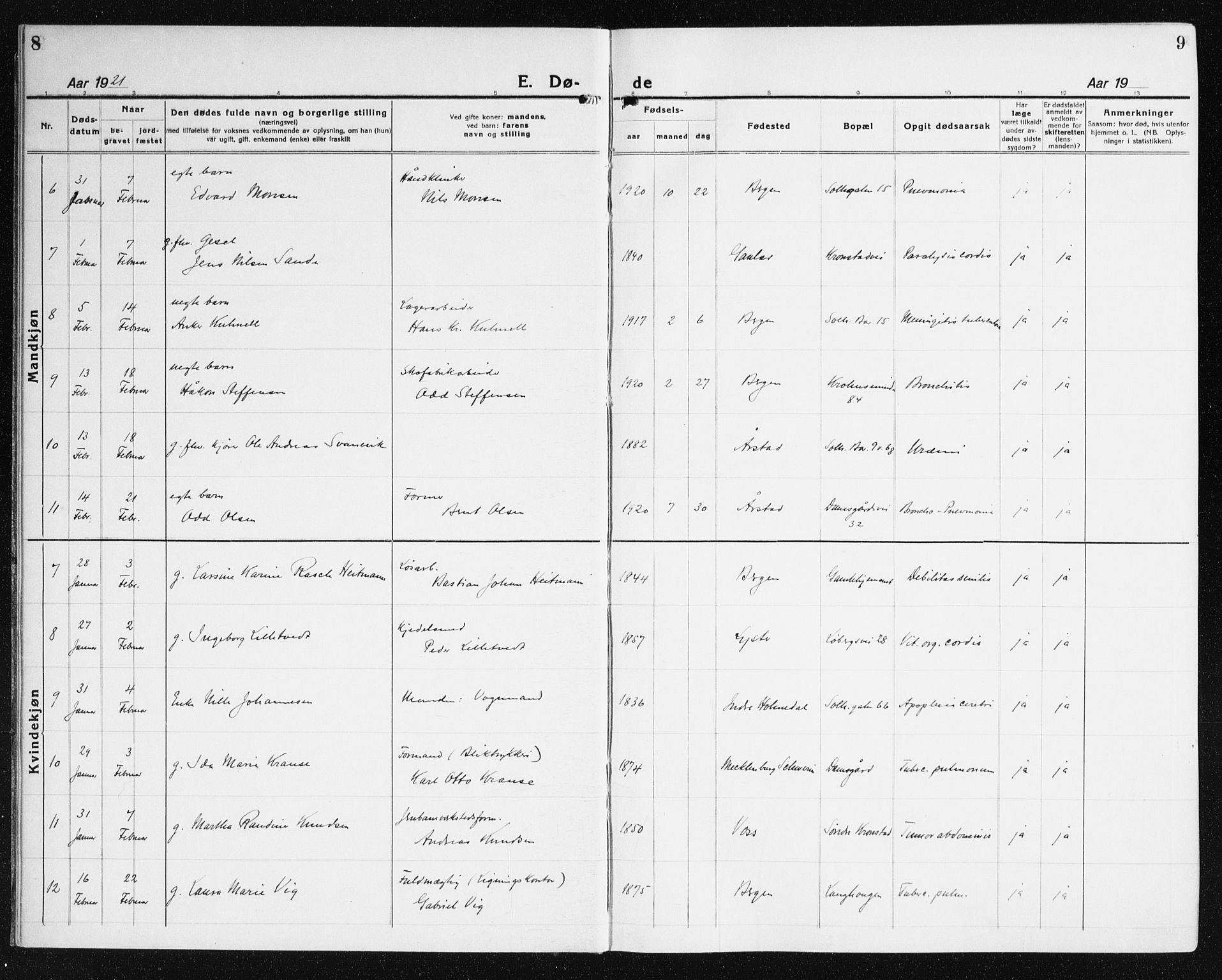 Årstad Sokneprestembete, AV/SAB-A-79301/H/Haa/L0010: Parish register (official) no. E 1, 1921-1940, p. 8-9