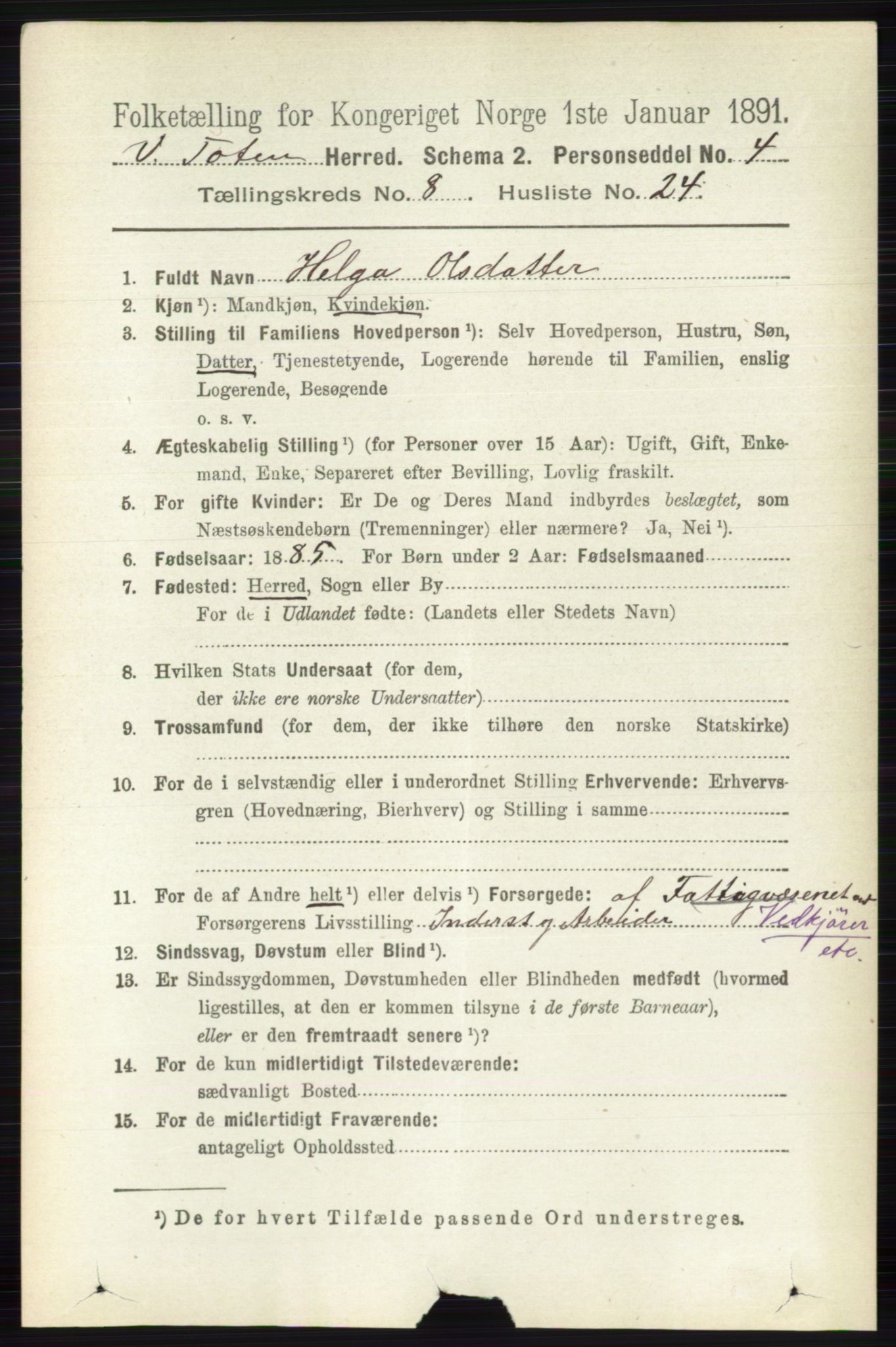 RA, 1891 census for 0529 Vestre Toten, 1891, p. 5154