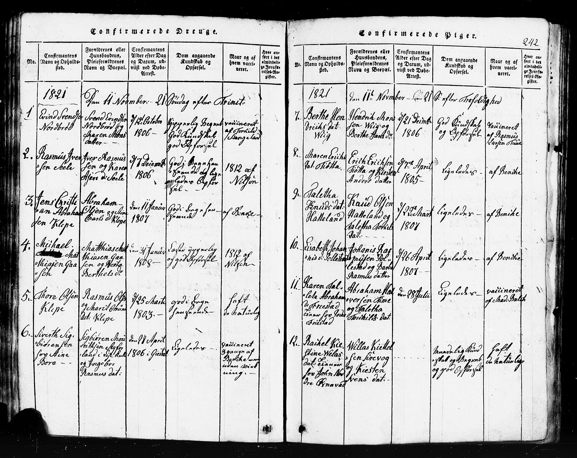 Klepp sokneprestkontor, SAST/A-101803/001/3/30BB/L0001: Parish register (copy) no.  B 1, 1816-1859, p. 242