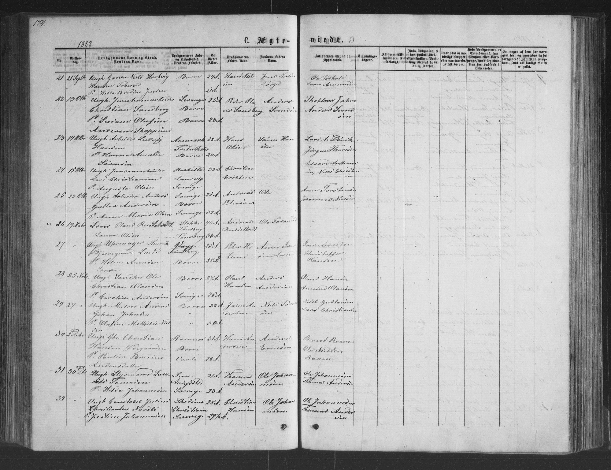 Borre kirkebøker, AV/SAKO-A-338/G/Ga/L0003: Parish register (copy) no. I 3, 1871-1892, p. 174