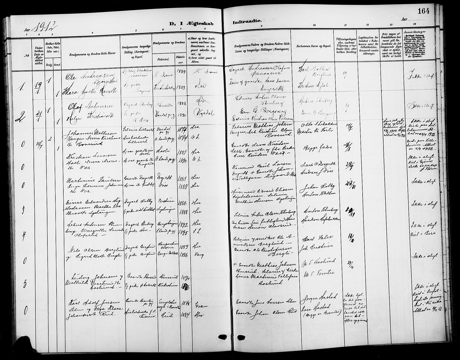 Biri prestekontor, SAH/PREST-096/H/Ha/Hab/L0005: Parish register (copy) no. 5, 1906-1919, p. 164