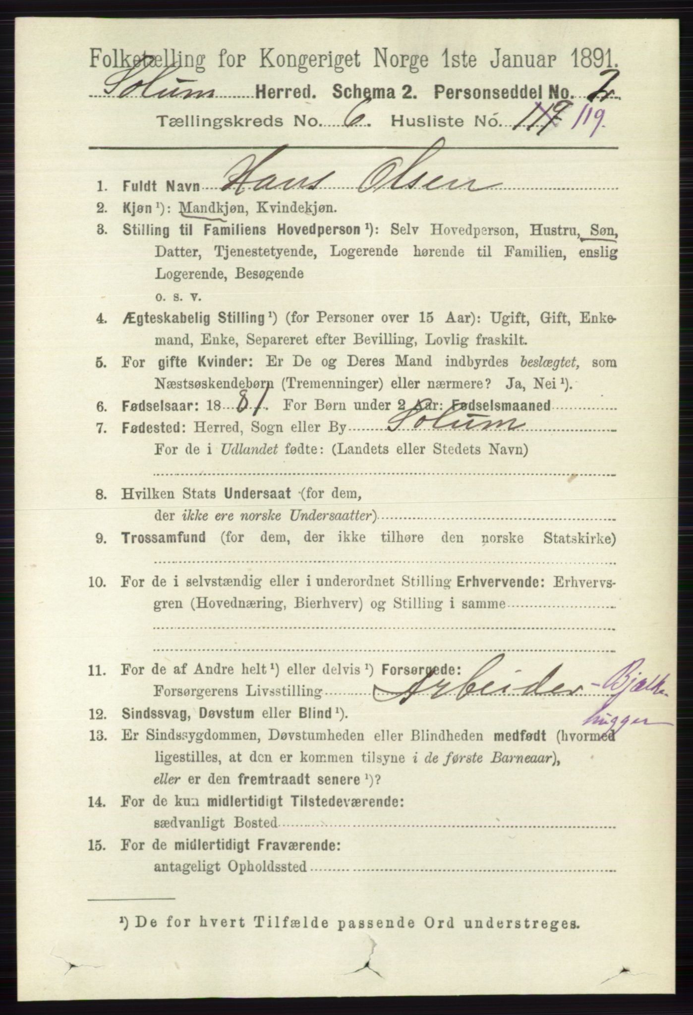 RA, 1891 census for 0818 Solum, 1891, p. 1844