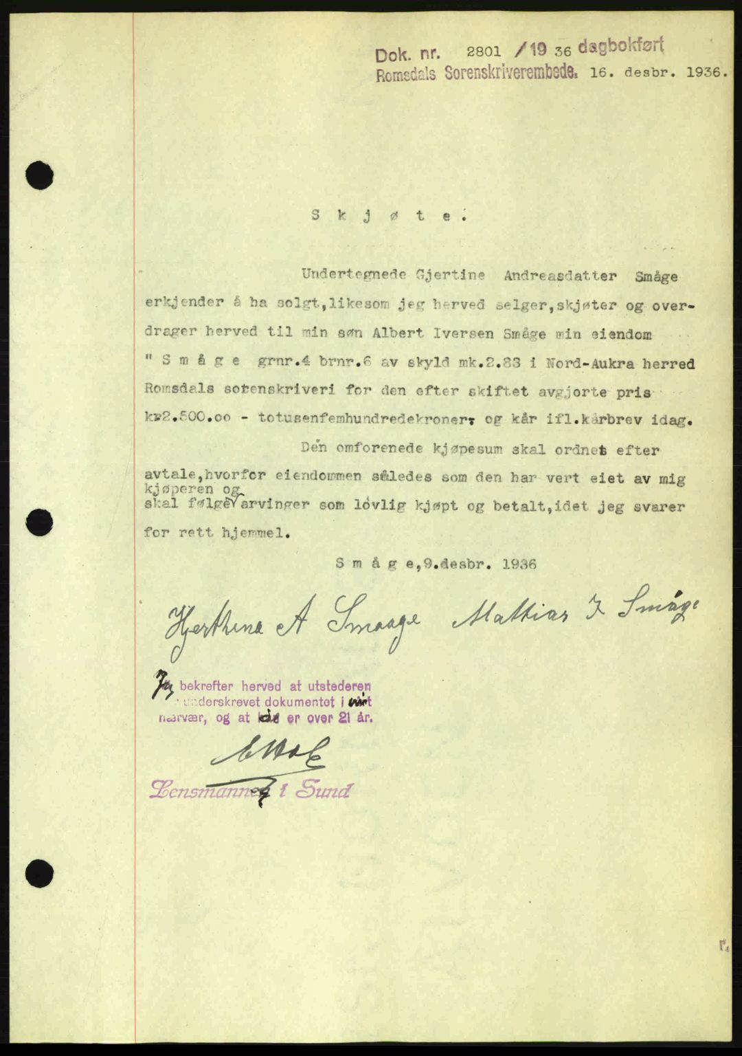 Romsdal sorenskriveri, SAT/A-4149/1/2/2C: Mortgage book no. A2, 1936-1937, Diary no: : 2801/1936