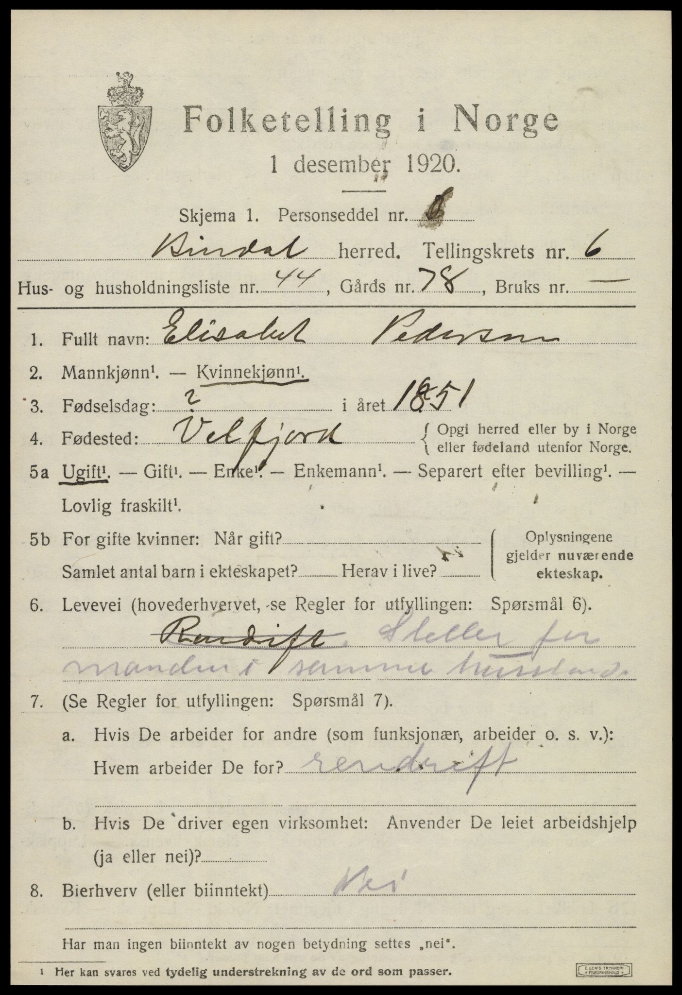 SAT, 1920 census for Bindal, 1920, p. 5419