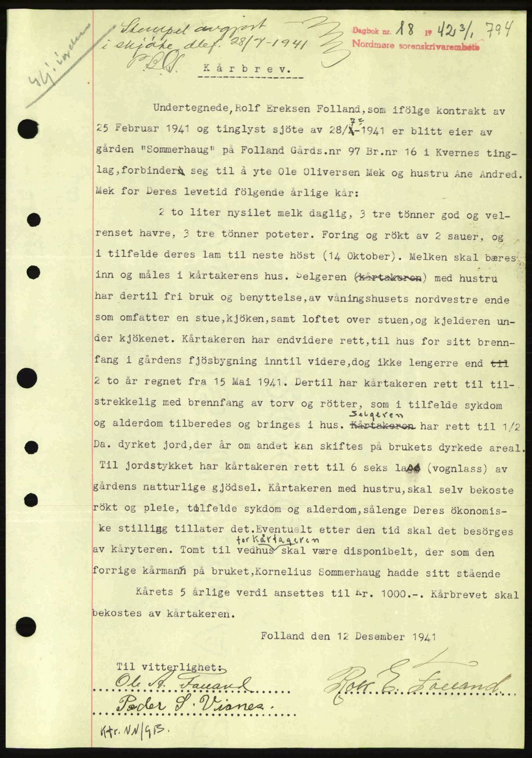 Nordmøre sorenskriveri, AV/SAT-A-4132/1/2/2Ca: Mortgage book no. B88, 1941-1942, Diary no: : 18/1942