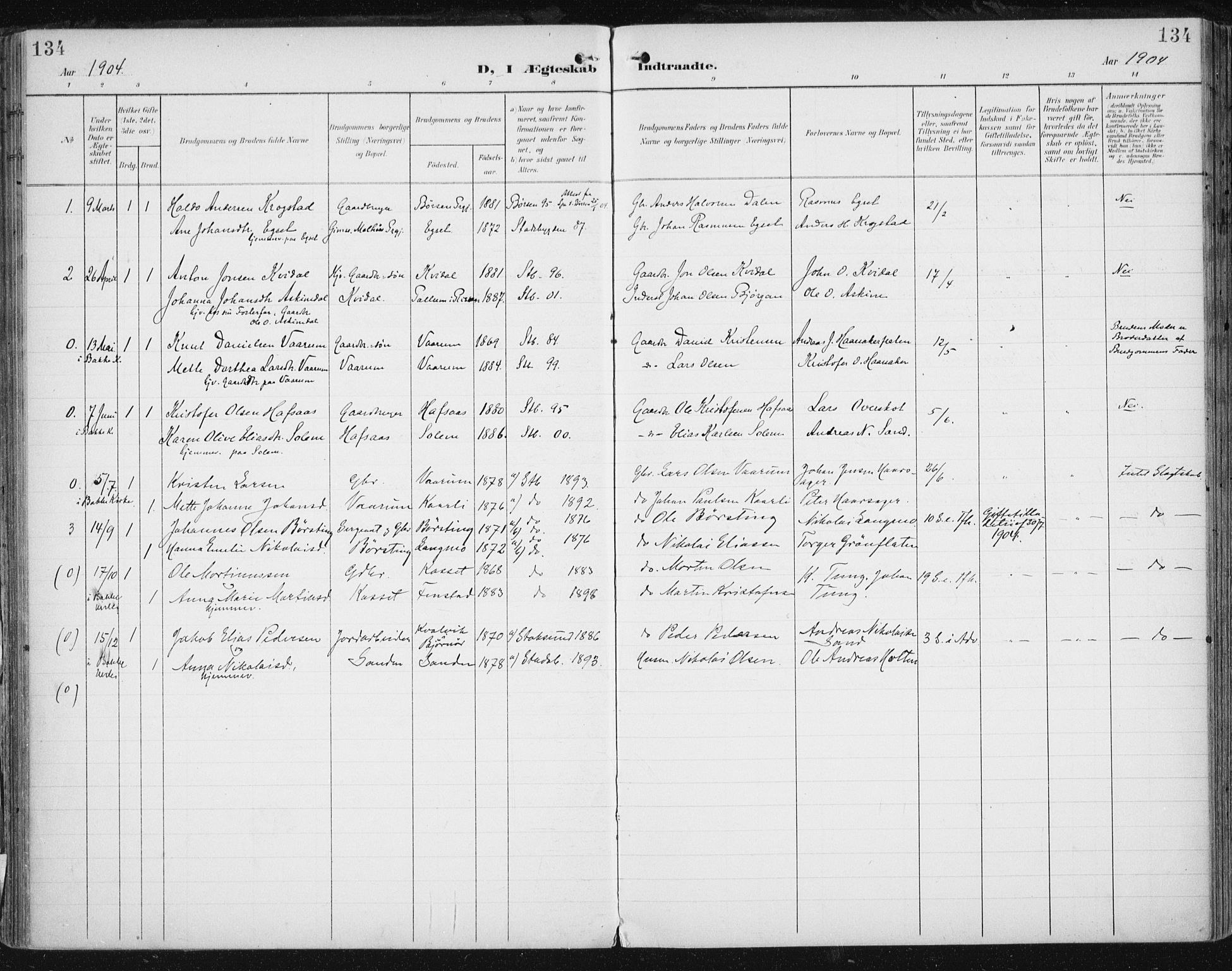Ministerialprotokoller, klokkerbøker og fødselsregistre - Sør-Trøndelag, SAT/A-1456/646/L0616: Parish register (official) no. 646A14, 1900-1918, p. 134