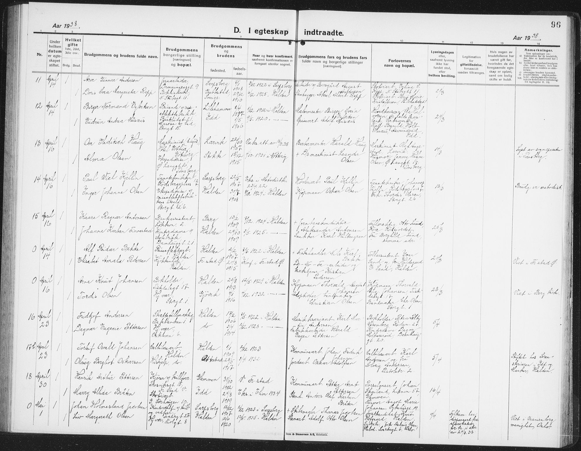 Halden prestekontor Kirkebøker, AV/SAO-A-10909/G/Ga/L0014: Parish register (copy) no. 14, 1925-1943, p. 96