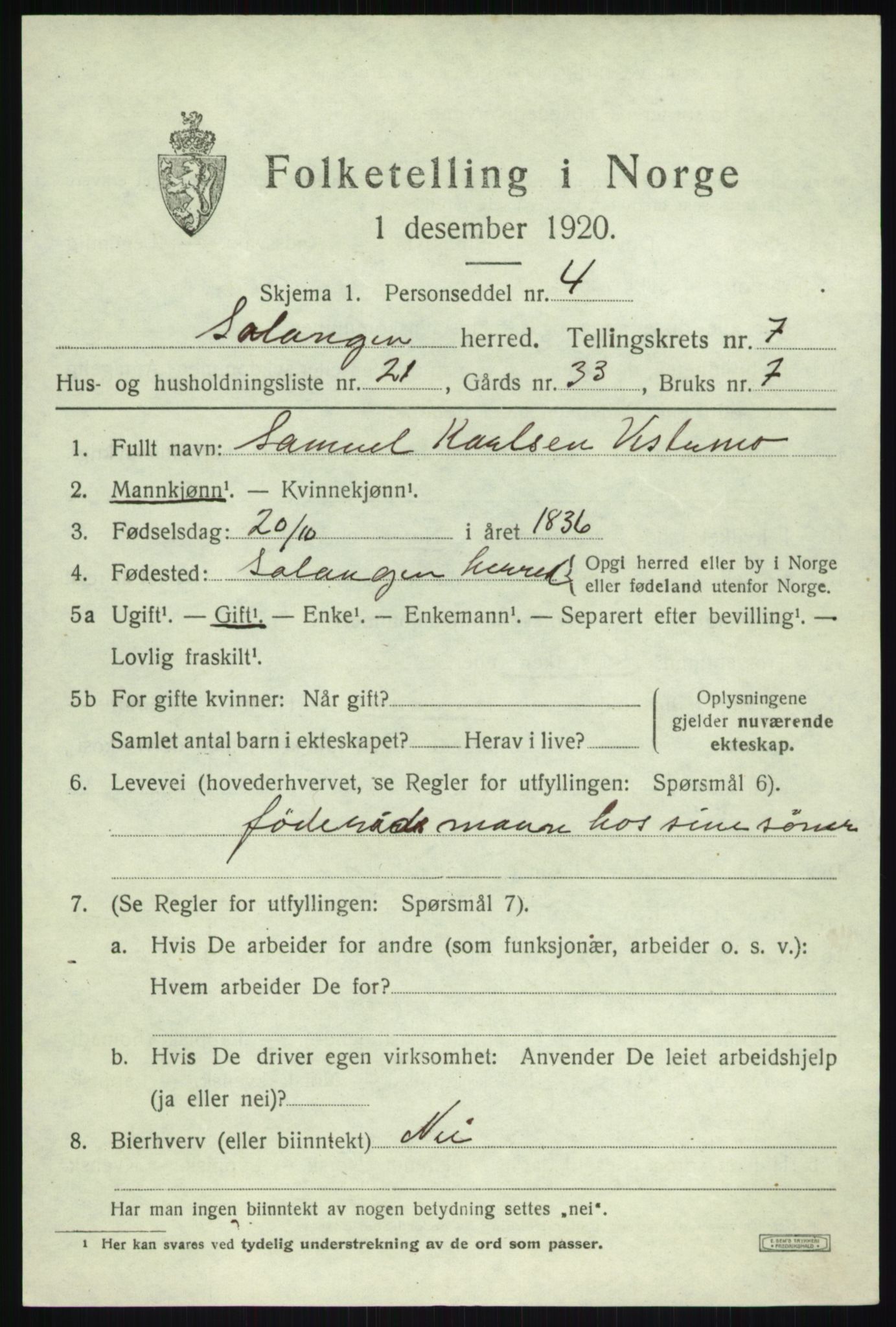 SATØ, 1920 census for Salangen, 1920, p. 4902