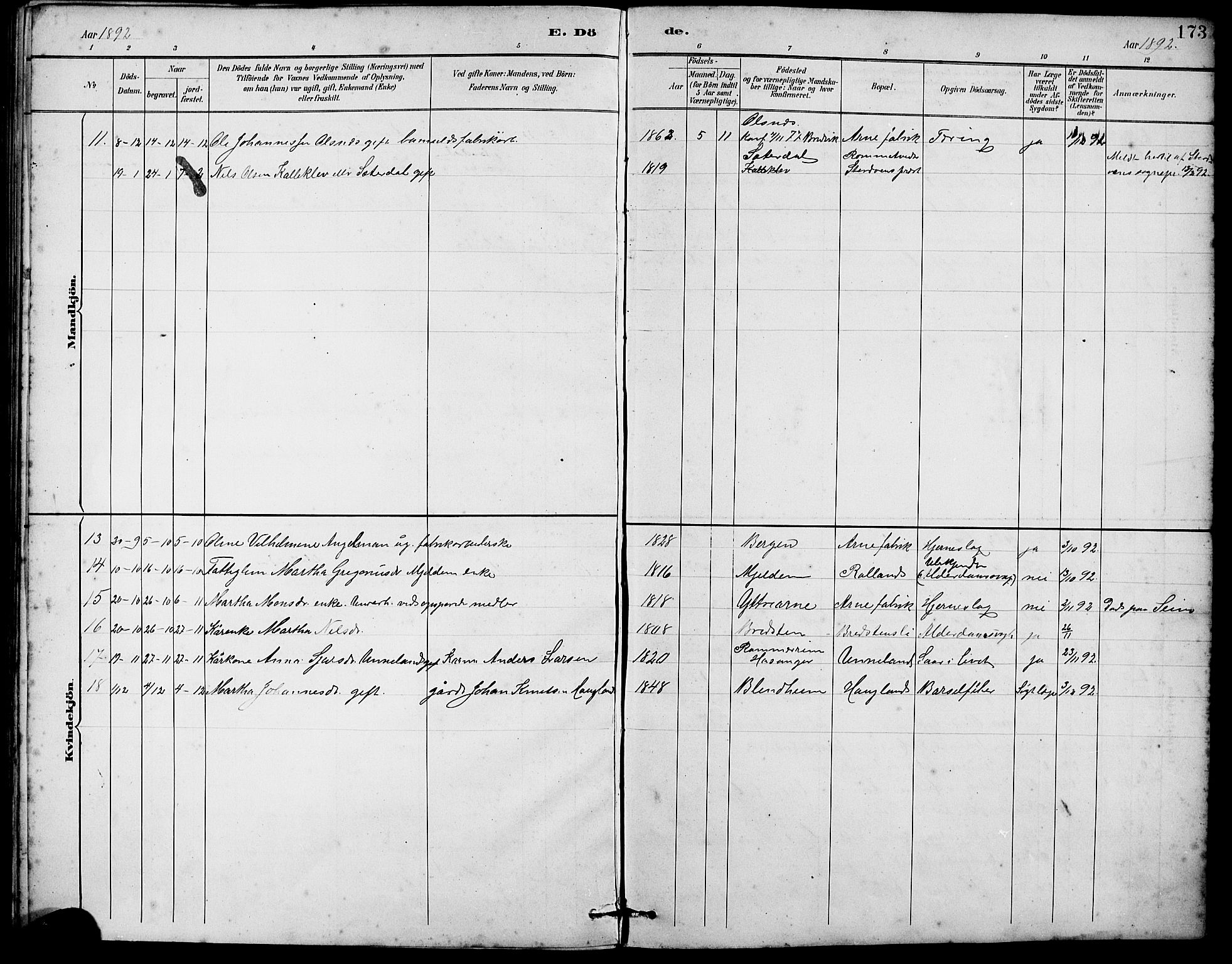 Arna sokneprestembete, AV/SAB-A-74001/H/Ha/Hab: Parish register (copy) no. A 3, 1887-1897, p. 173
