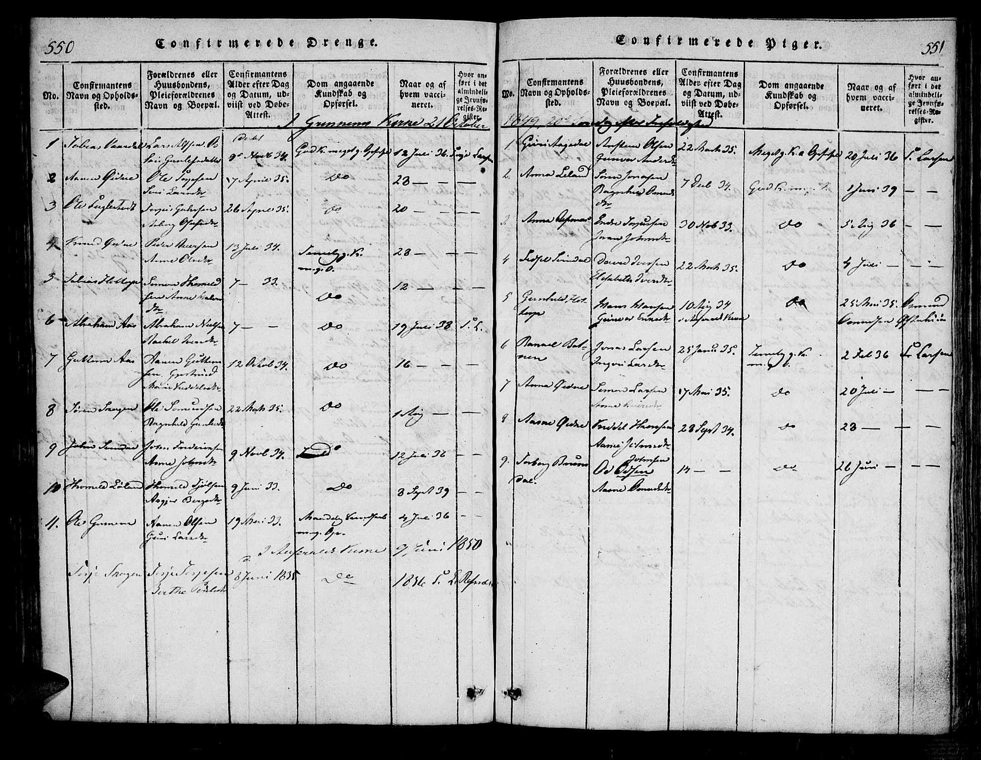 Bjelland sokneprestkontor, SAK/1111-0005/F/Fa/Fac/L0001: Parish register (official) no. A 1, 1815-1866, p. 550-551