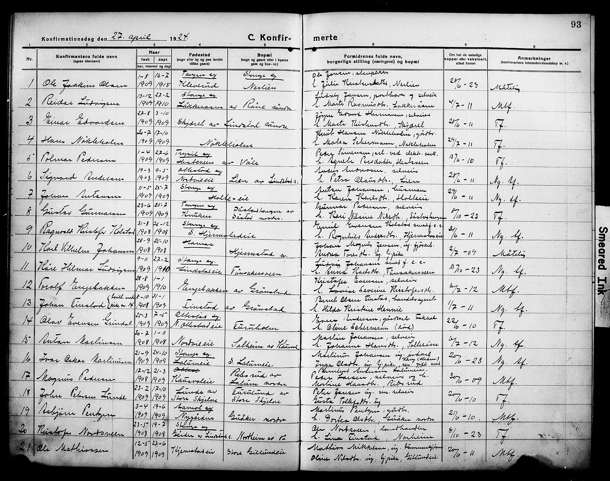 Stange prestekontor, AV/SAH-PREST-002/L/L0016: Parish register (copy) no. 16, 1918-1928, p. 93