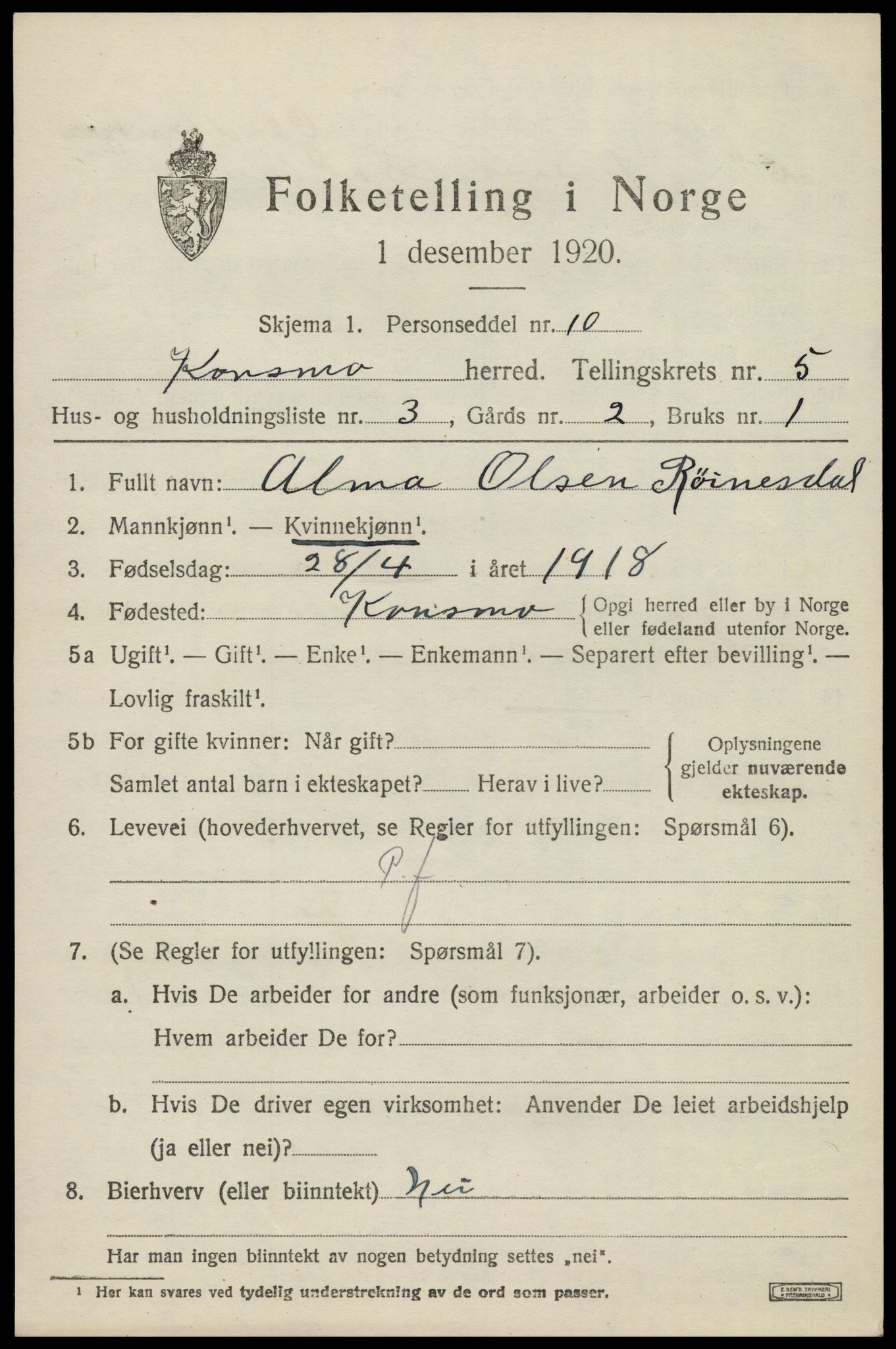 SAK, 1920 census for Konsmo, 1920, p. 1310