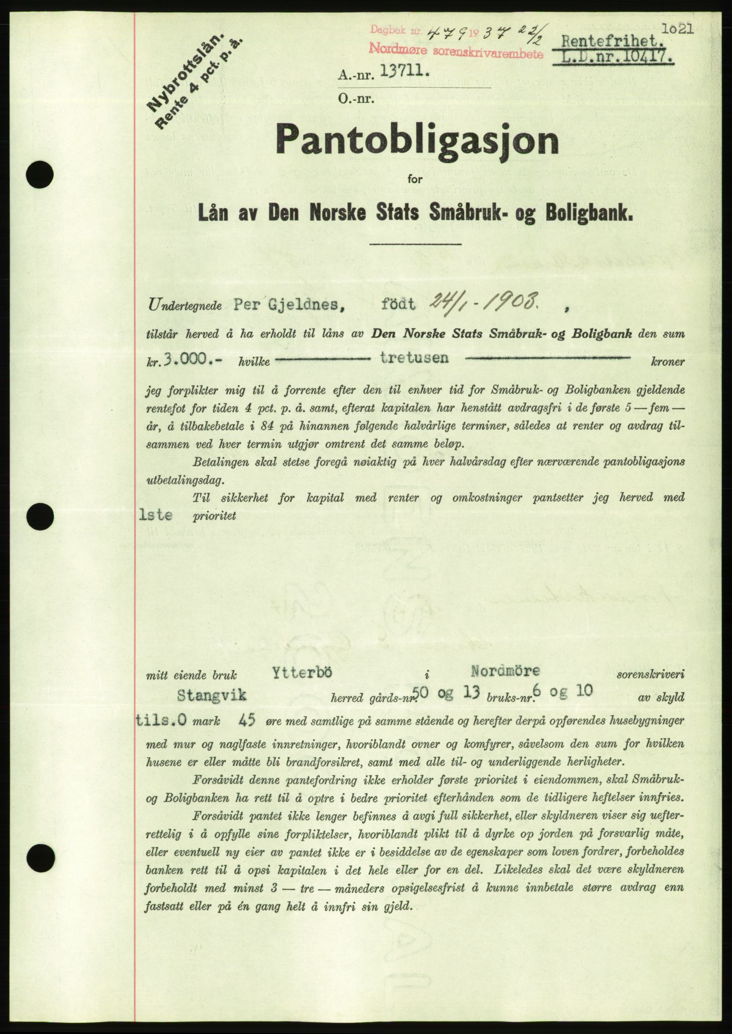 Nordmøre sorenskriveri, AV/SAT-A-4132/1/2/2Ca/L0090: Mortgage book no. B80, 1936-1937, Diary no: : 479/1937