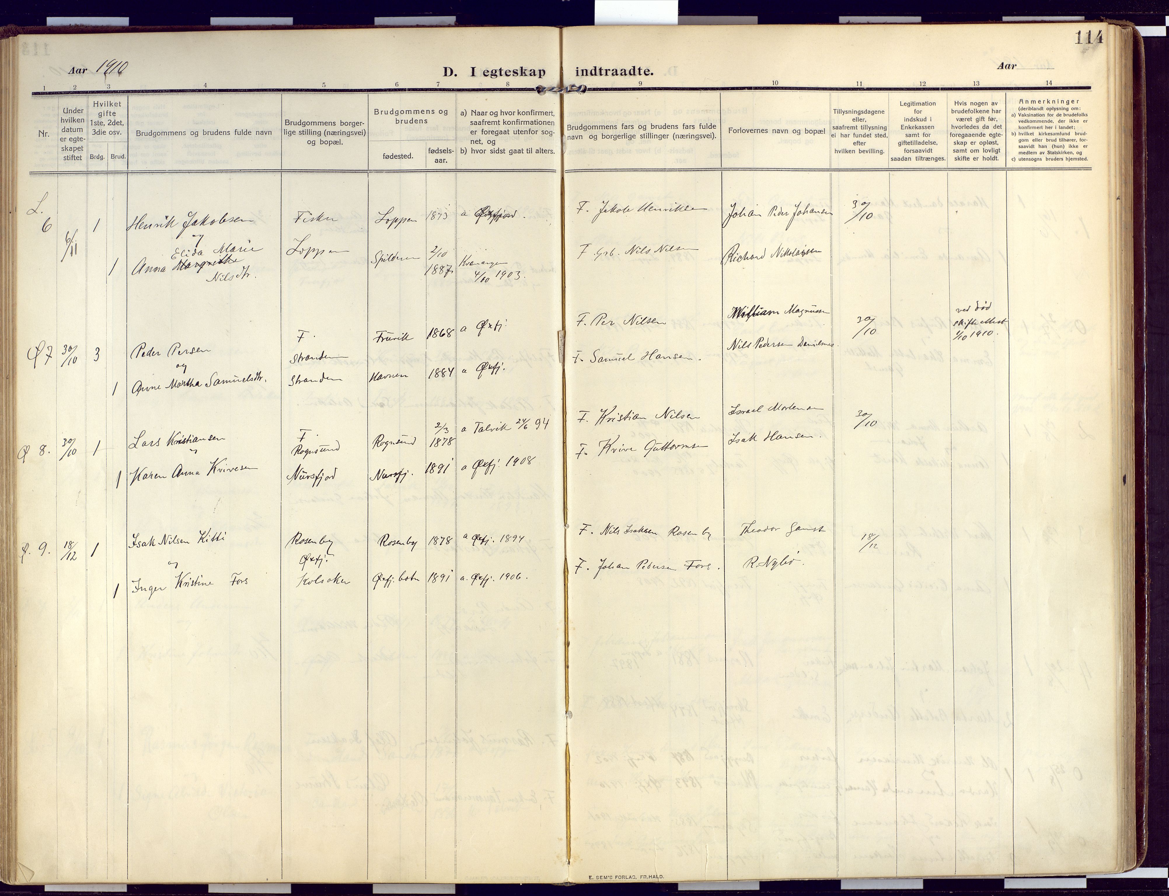 Loppa sokneprestkontor, SATØ/S-1339/H/Ha/L0011kirke: Parish register (official) no. 11, 1909-1919, p. 114