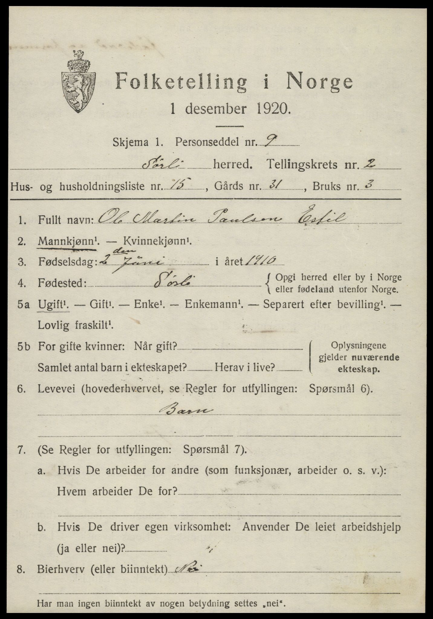 SAT, 1920 census for Sørli, 1920, p. 1041