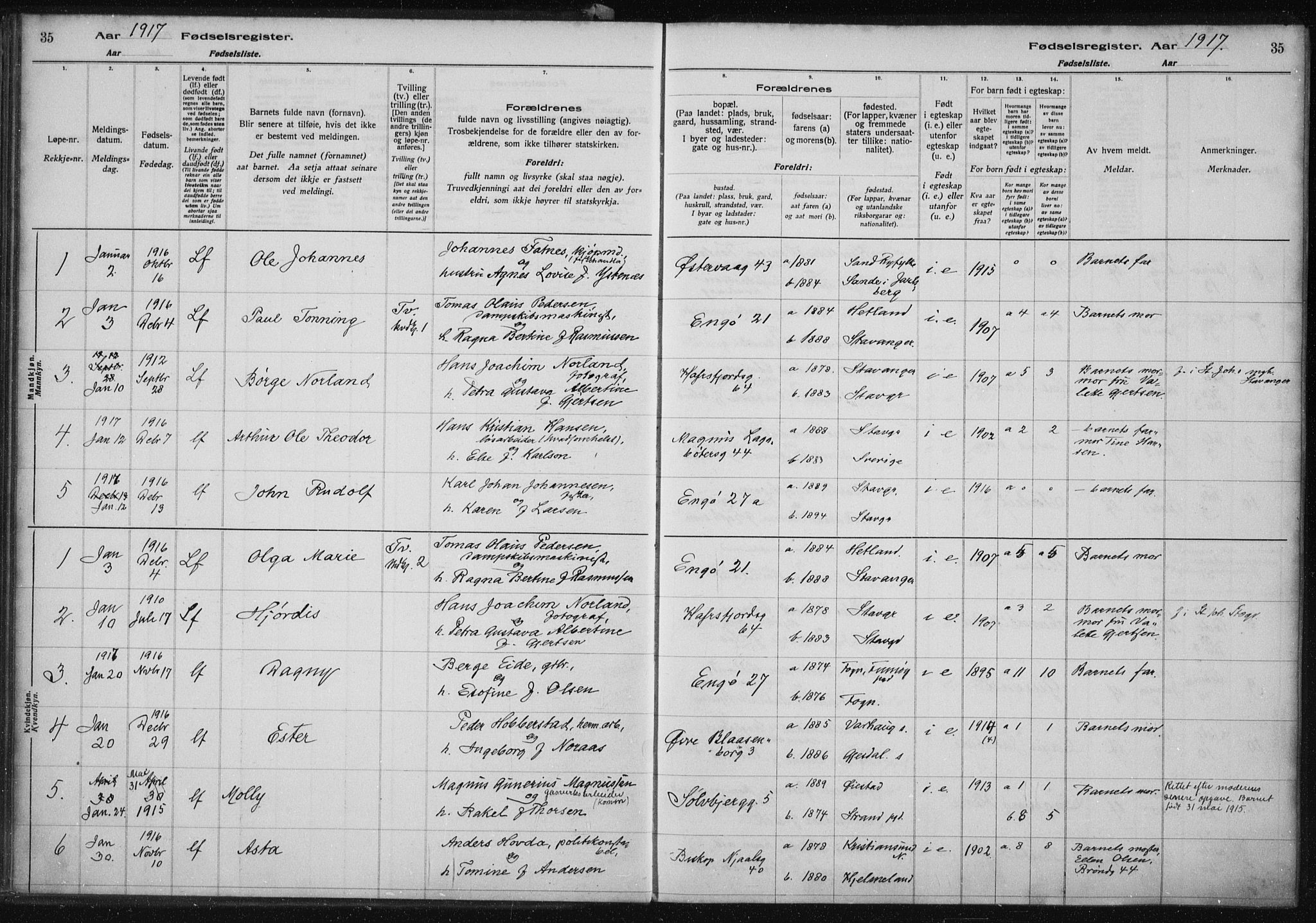 St. Petri sokneprestkontor, SAST/A-101813/002/A/L0001: Birth register no. 1, 1916-1922, p. 35