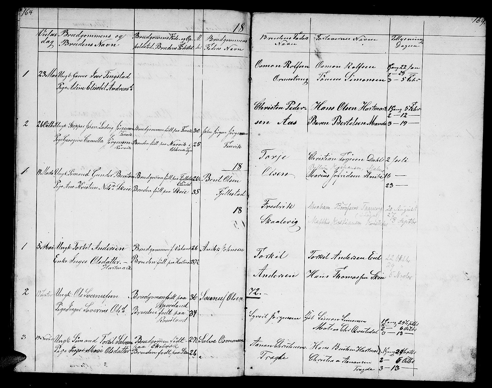 Mandal sokneprestkontor, SAK/1111-0030/F/Fb/Fbb/L0003: Parish register (copy) no. B 3, 1848-1877, p. 164-165