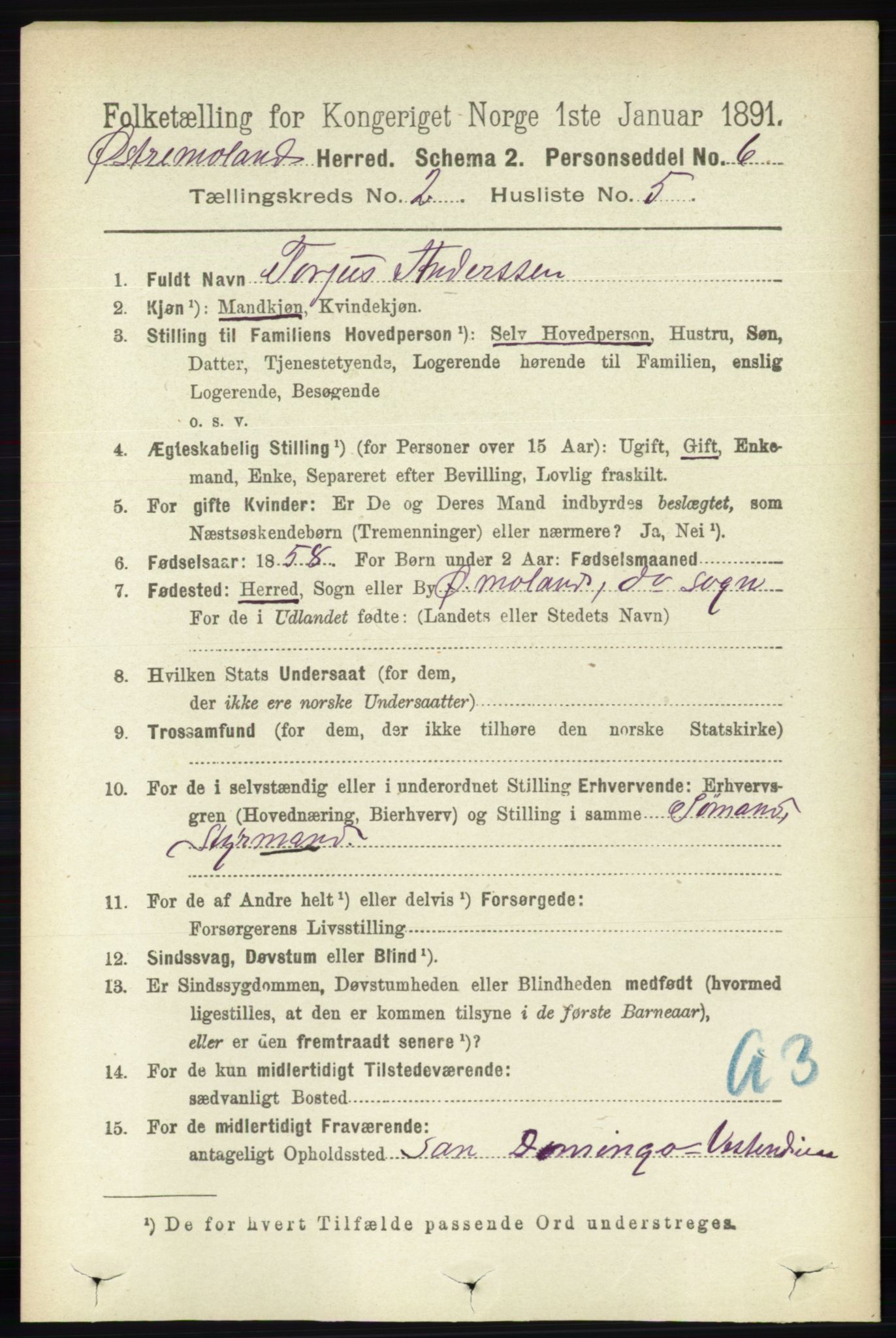 RA, 1891 census for 0918 Austre Moland, 1891, p. 711