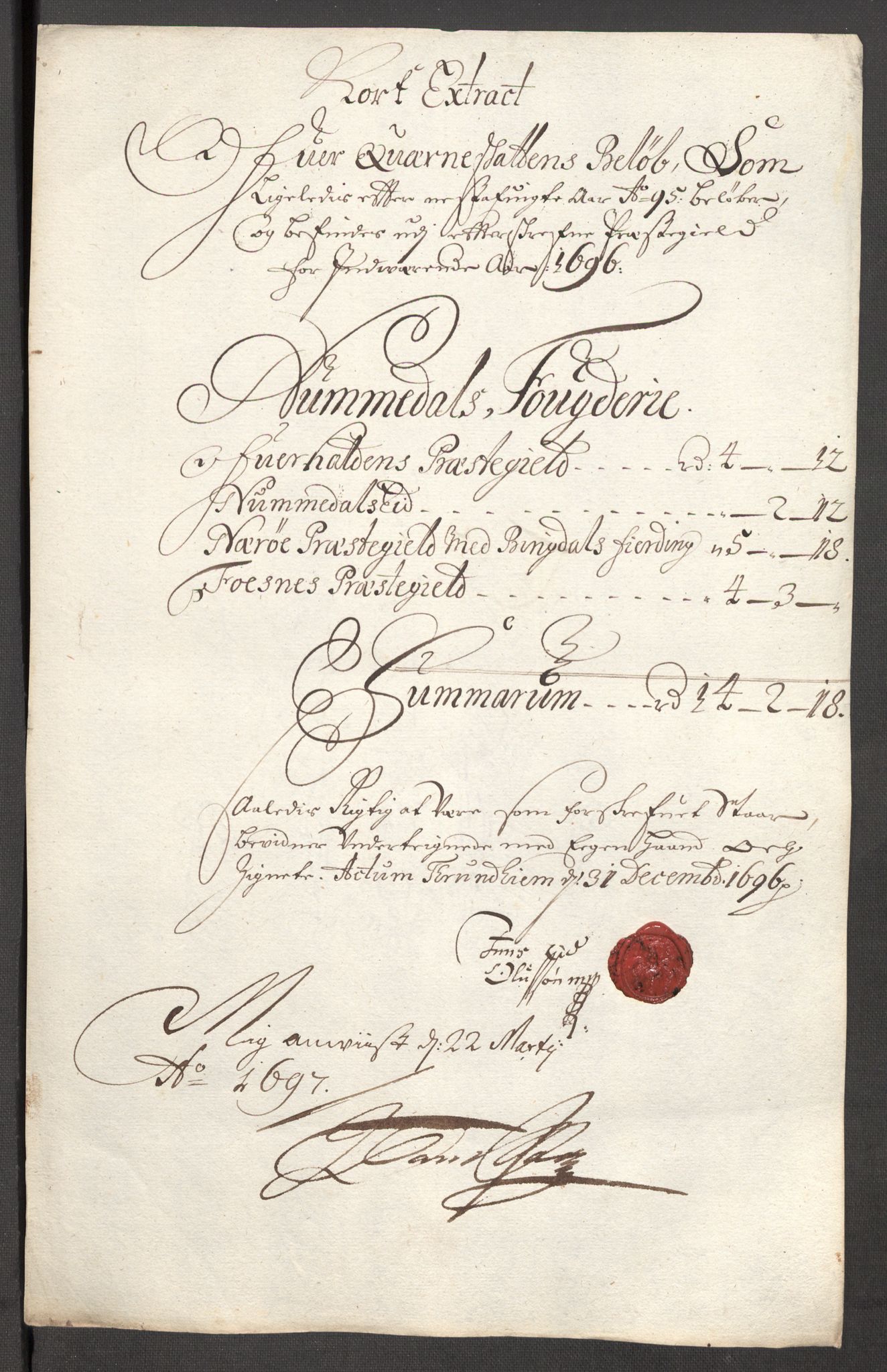 Rentekammeret inntil 1814, Reviderte regnskaper, Fogderegnskap, AV/RA-EA-4092/R64/L4425: Fogderegnskap Namdal, 1696-1698, p. 17