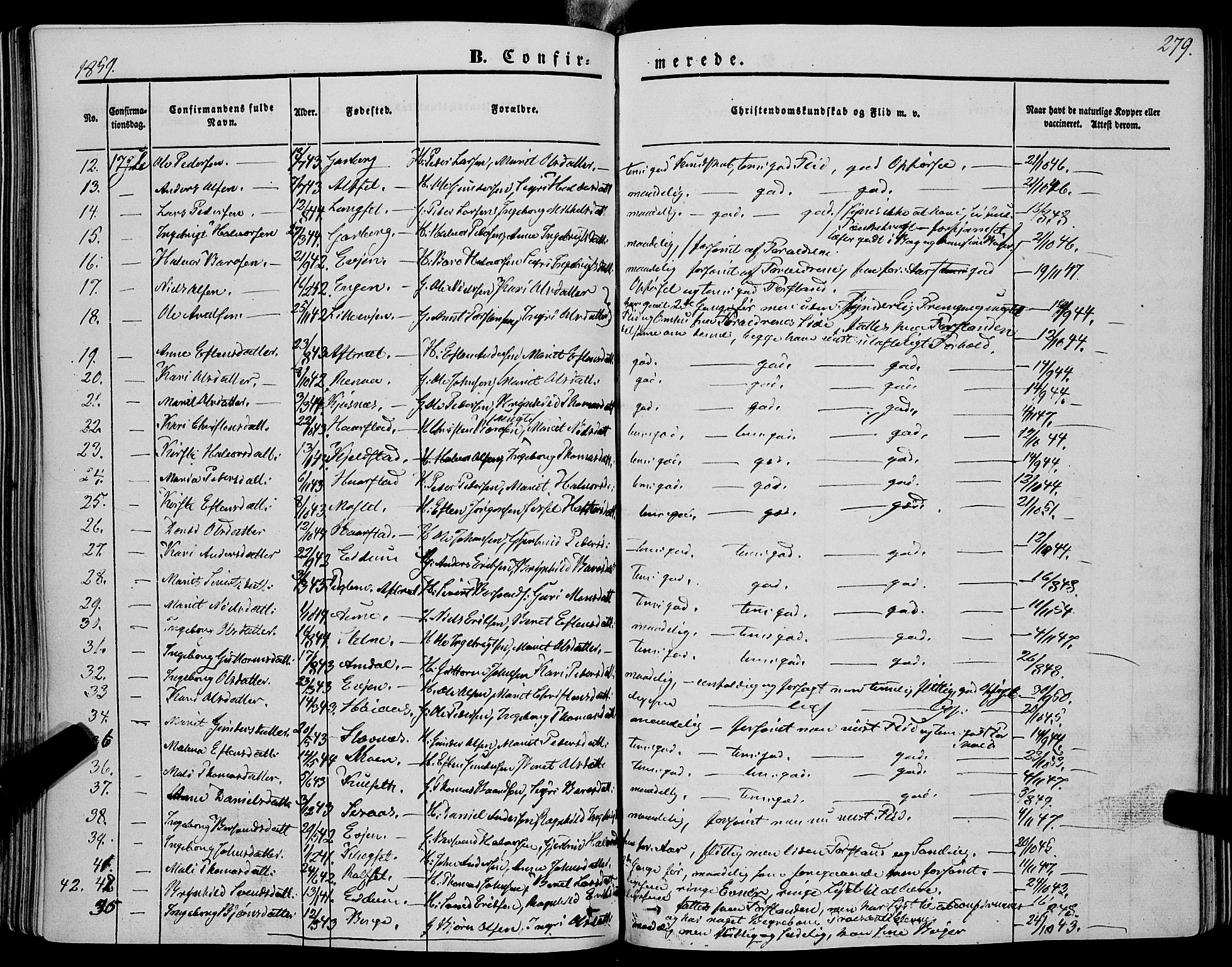 Ministerialprotokoller, klokkerbøker og fødselsregistre - Sør-Trøndelag, SAT/A-1456/695/L1145: Parish register (official) no. 695A06 /1, 1843-1859, p. 279