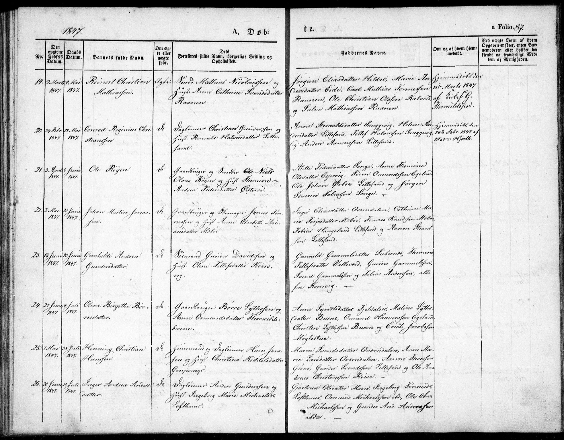 Vestre Moland sokneprestkontor, AV/SAK-1111-0046/F/Fb/Fbb/L0002: Parish register (copy) no. B 2, 1836-1851, p. 87