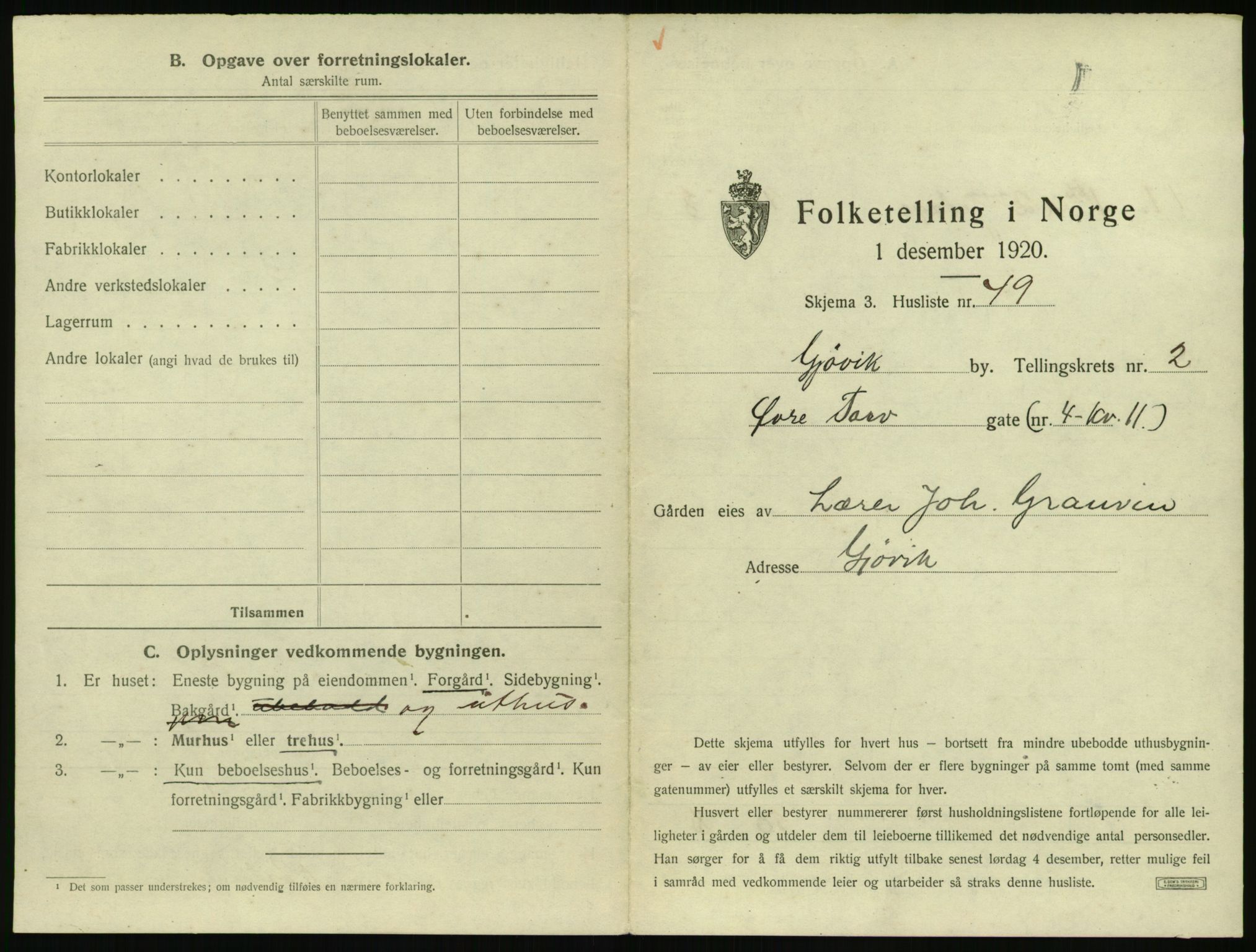 SAH, 1920 census for Gjøvik, 1920, p. 250