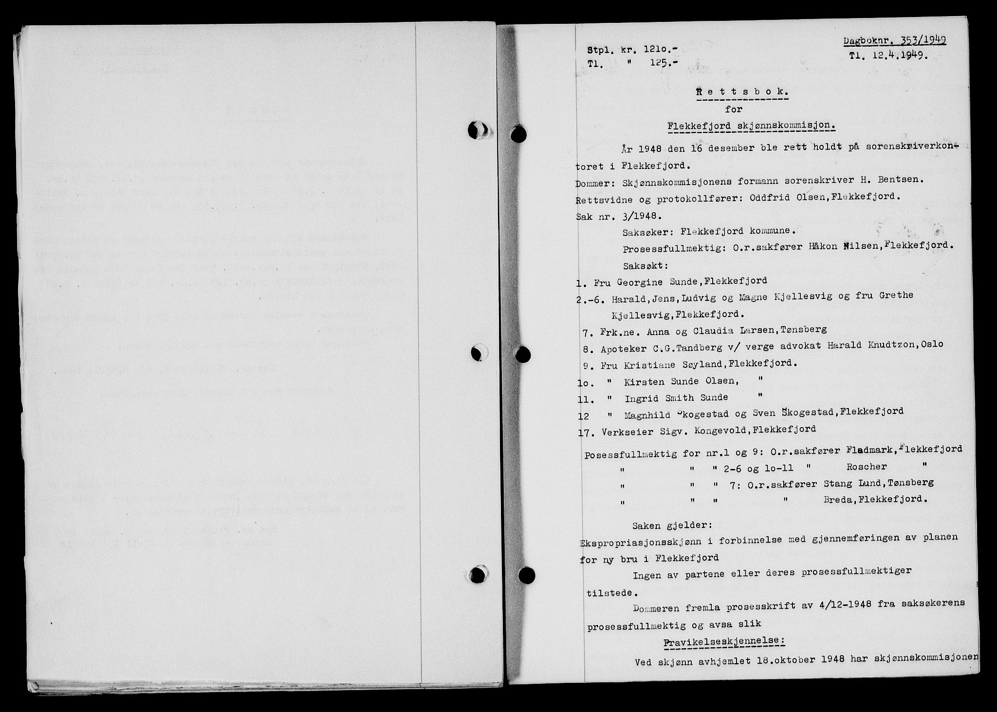 Flekkefjord sorenskriveri, SAK/1221-0001/G/Gb/Gba/L0065: Mortgage book no. A-13, 1949-1949, Diary no: : 353/1949