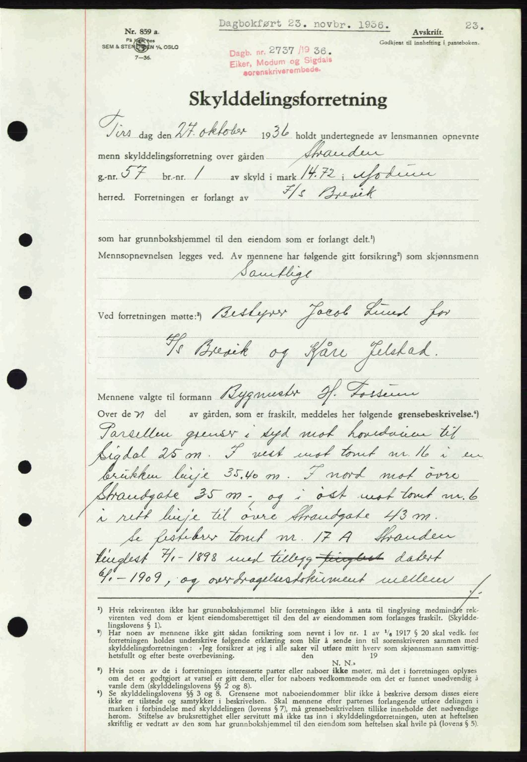 Eiker, Modum og Sigdal sorenskriveri, SAKO/A-123/G/Ga/Gab/L0034: Mortgage book no. A4, 1936-1937, Diary no: : 2737/1936