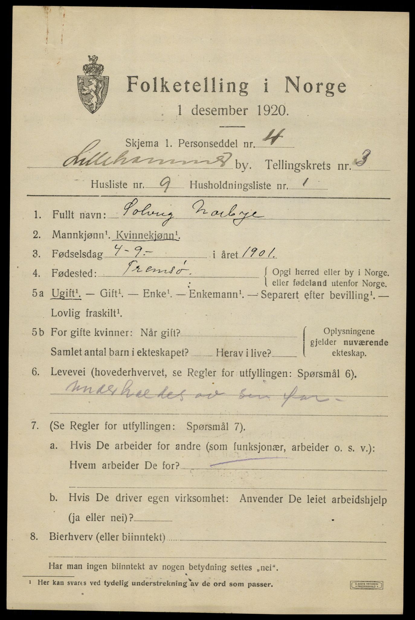 SAH, 1920 census for Lillehammer, 1920, p. 5810