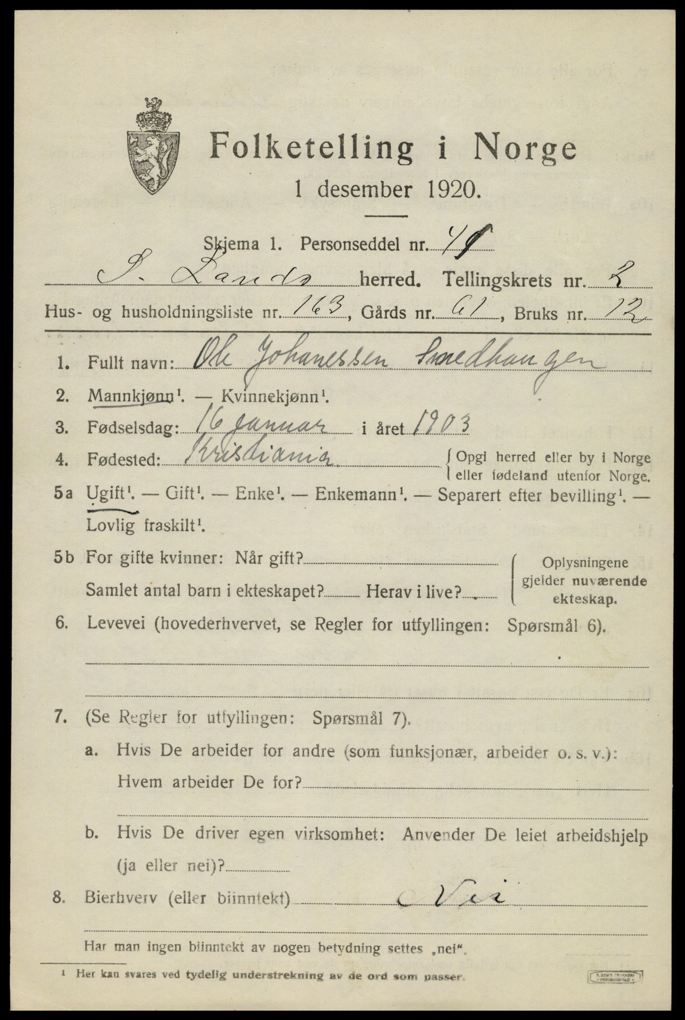 SAH, 1920 census for Søndre Land, 1920, p. 4261