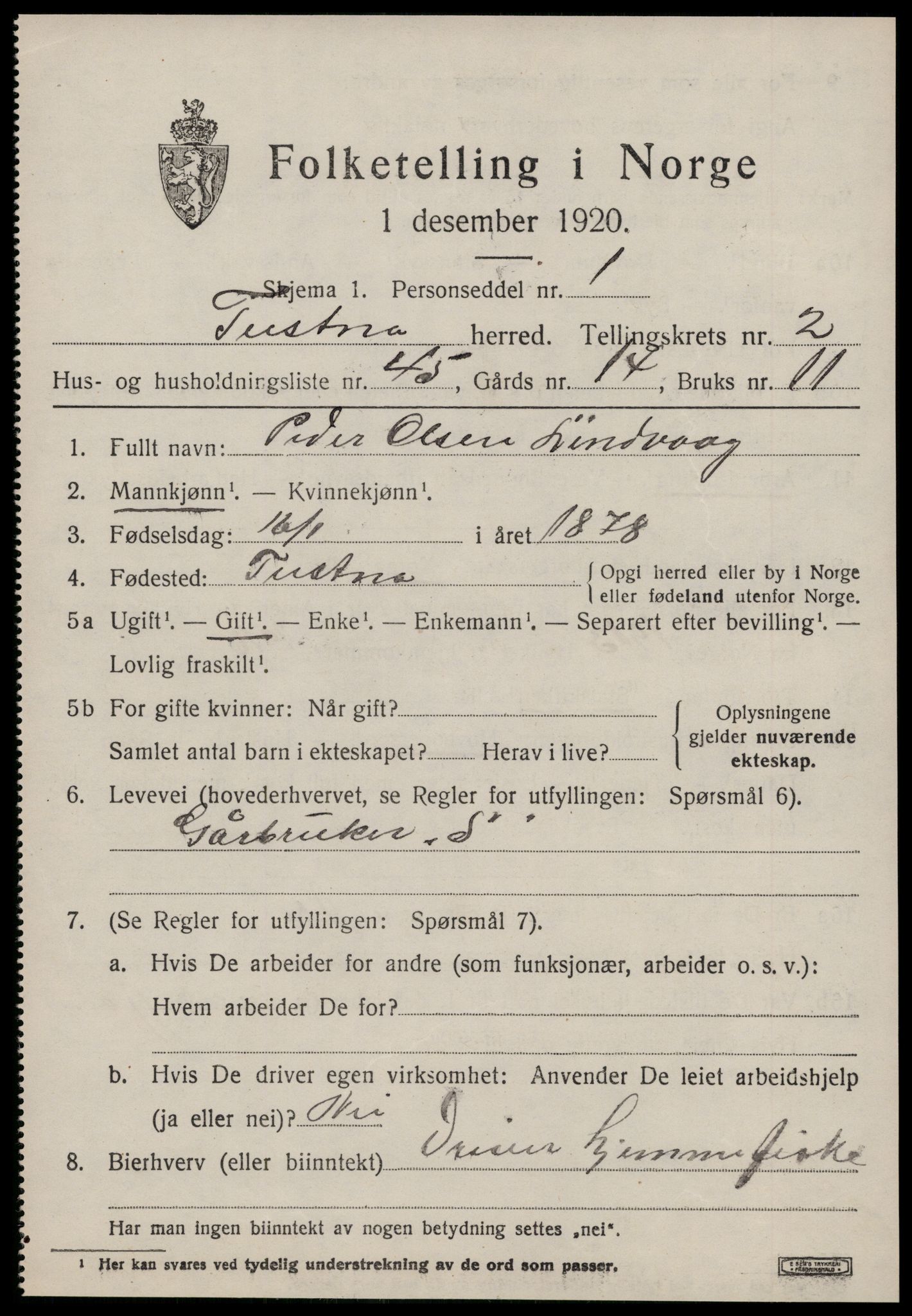 SAT, 1920 census for Tustna, 1920, p. 1447