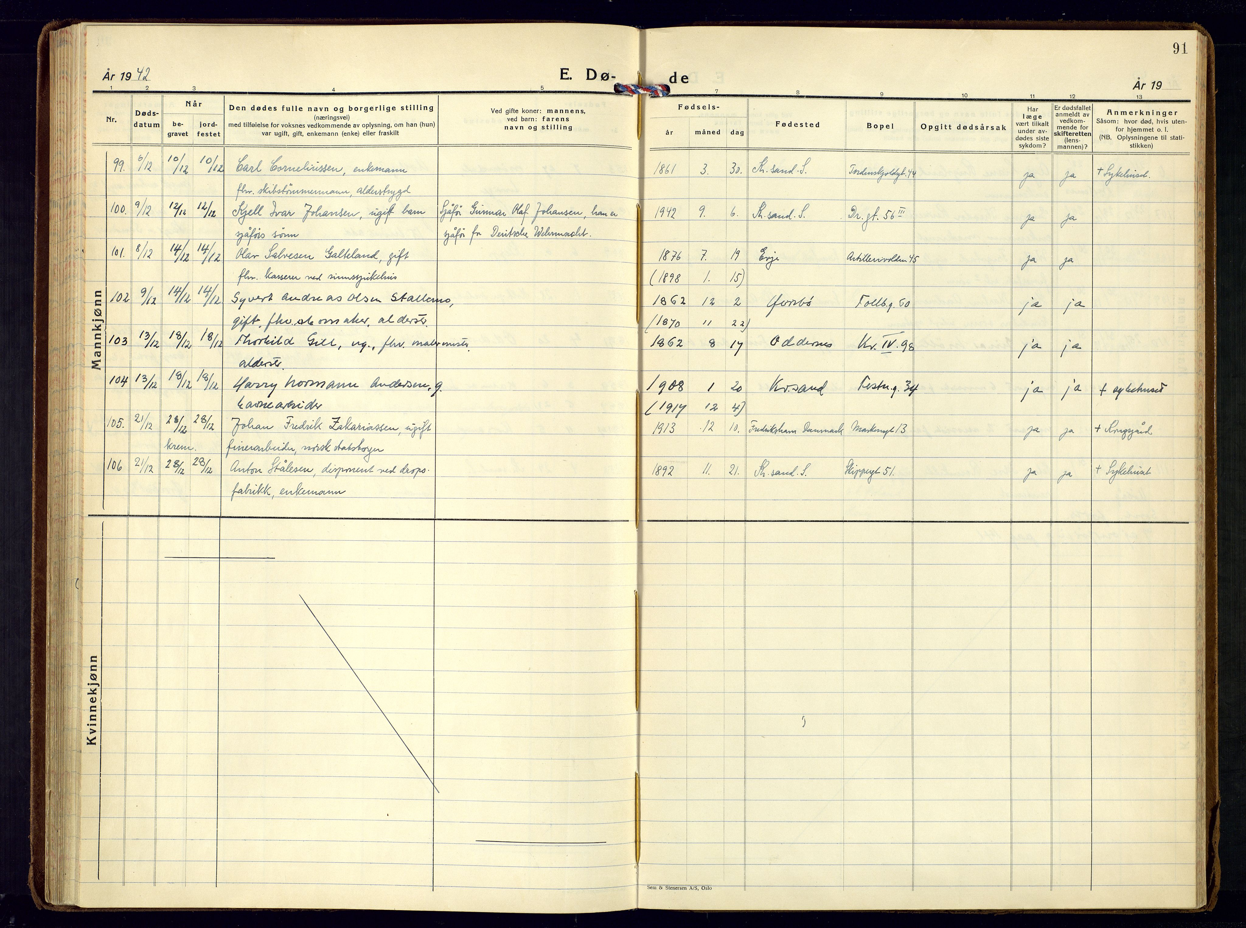 Kristiansand domprosti, AV/SAK-1112-0006/F/Fa/L0037: Parish register (official) no. A-36, 1937-1947, p. 91