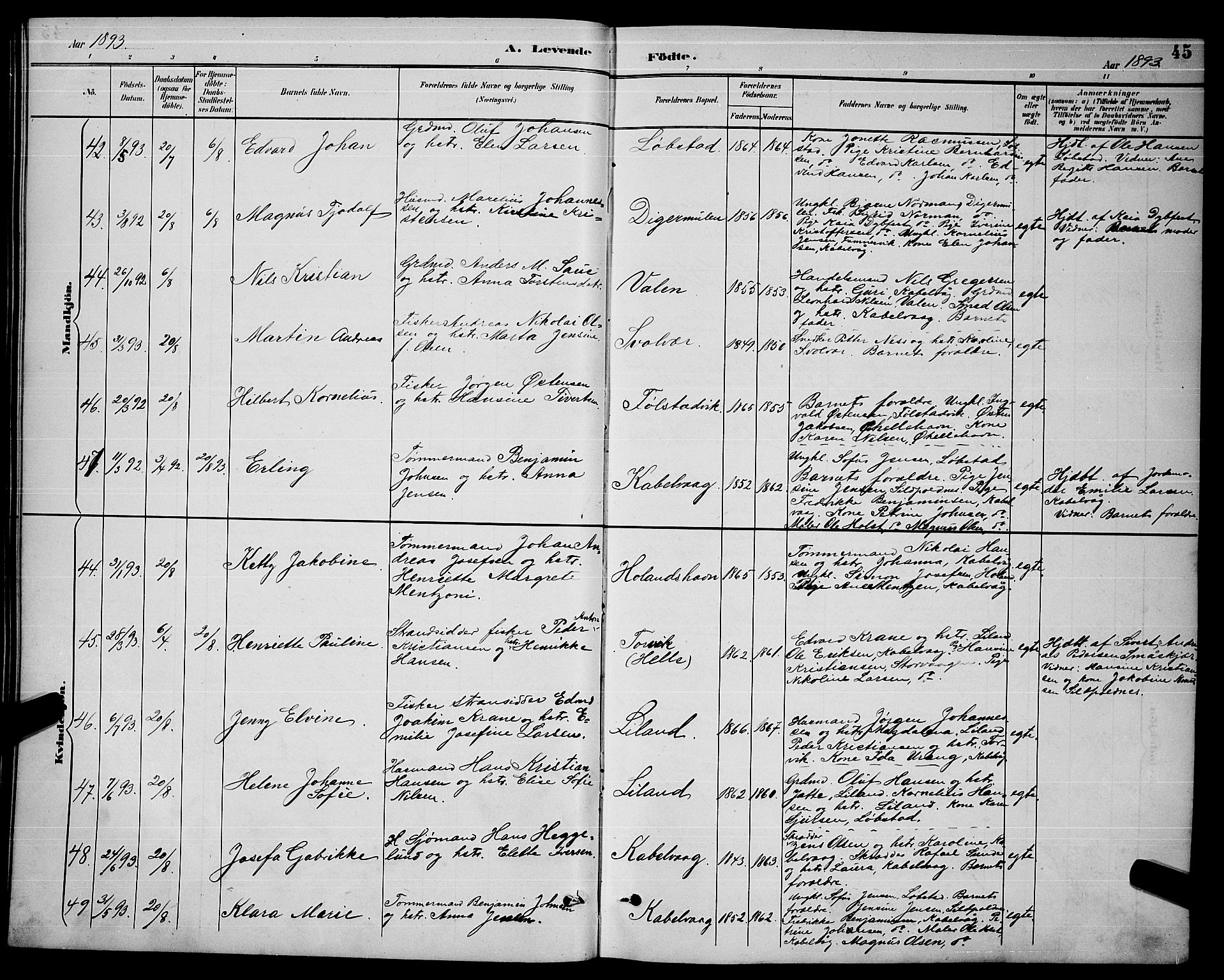 Ministerialprotokoller, klokkerbøker og fødselsregistre - Nordland, SAT/A-1459/874/L1077: Parish register (copy) no. 874C06, 1891-1900, p. 45