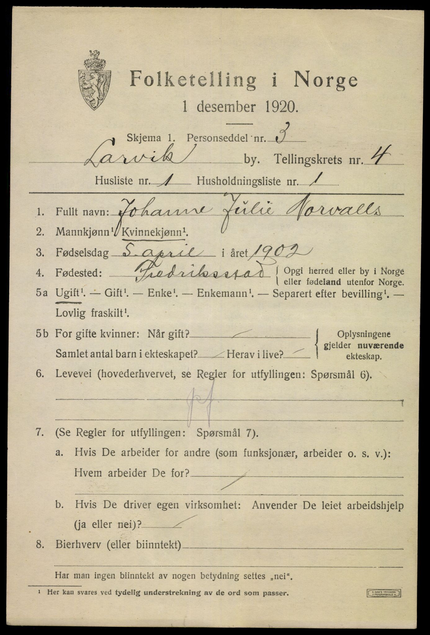 SAKO, 1920 census for Larvik, 1920, p. 13466