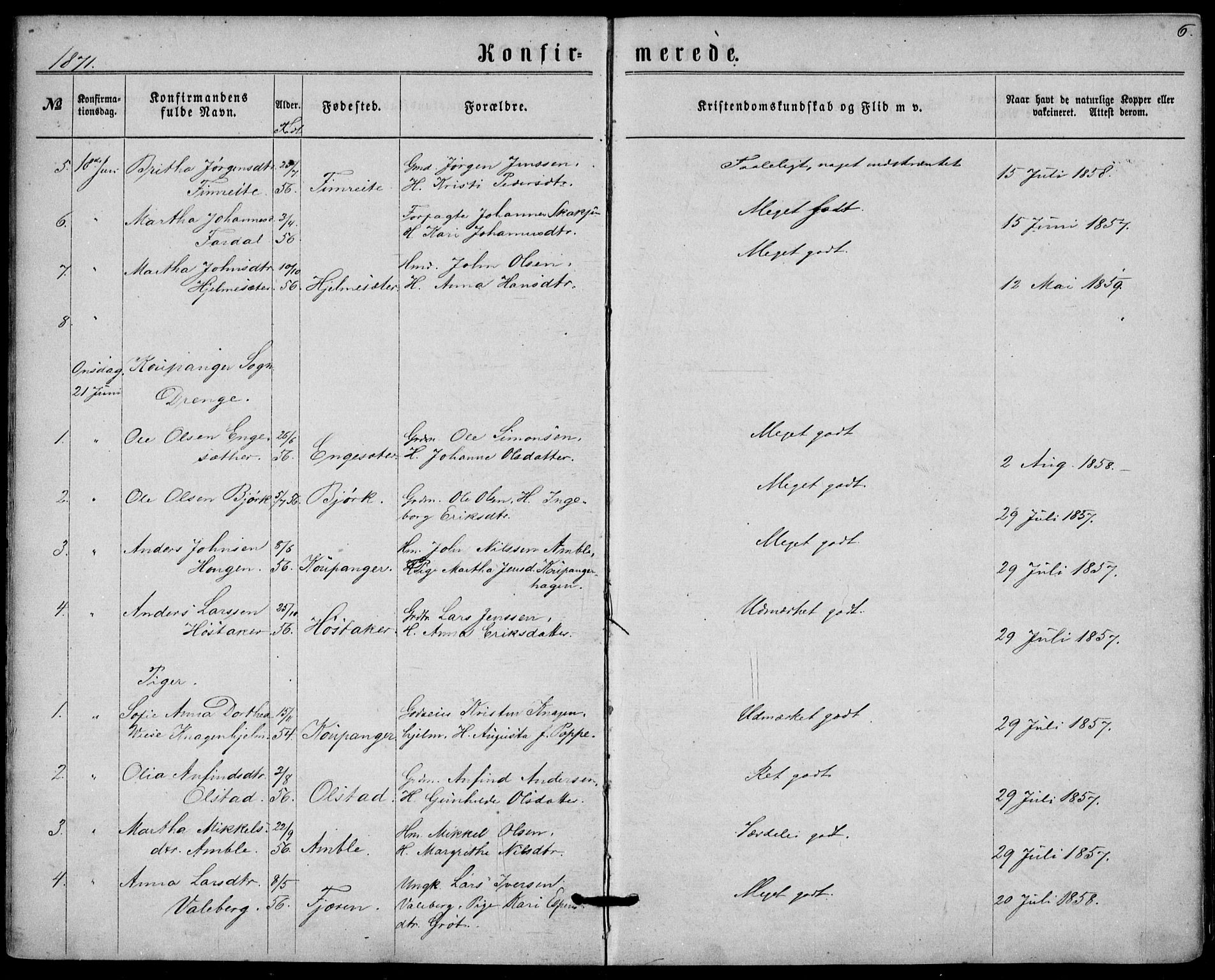 Sogndal sokneprestembete, SAB/A-81301/H/Haa/Haaa/L0015: Parish register (official) no. A 15, 1871-1904, p. 6