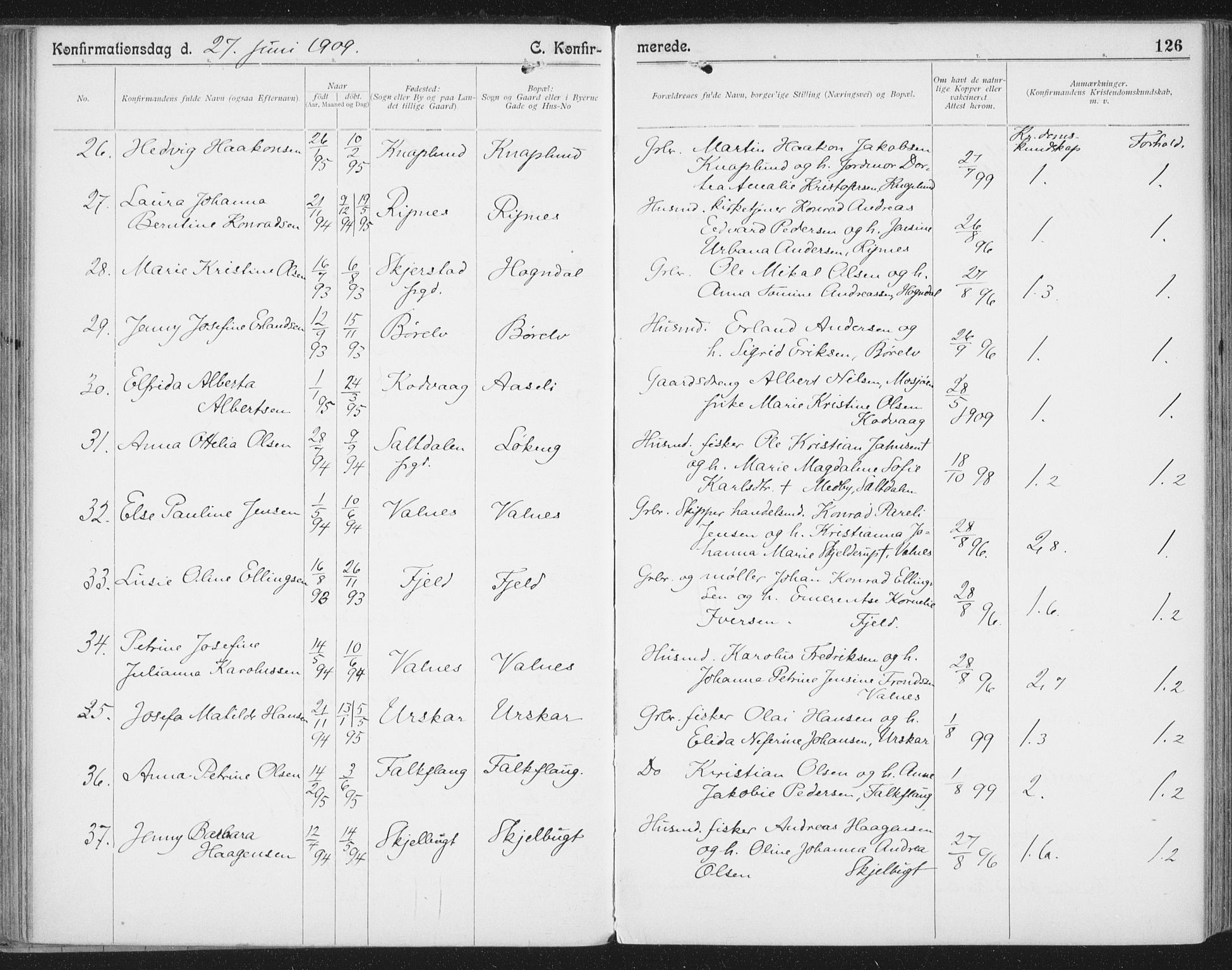 Ministerialprotokoller, klokkerbøker og fødselsregistre - Nordland, AV/SAT-A-1459/804/L0081: Parish register (official) no. 804A02, 1901-1915, p. 126